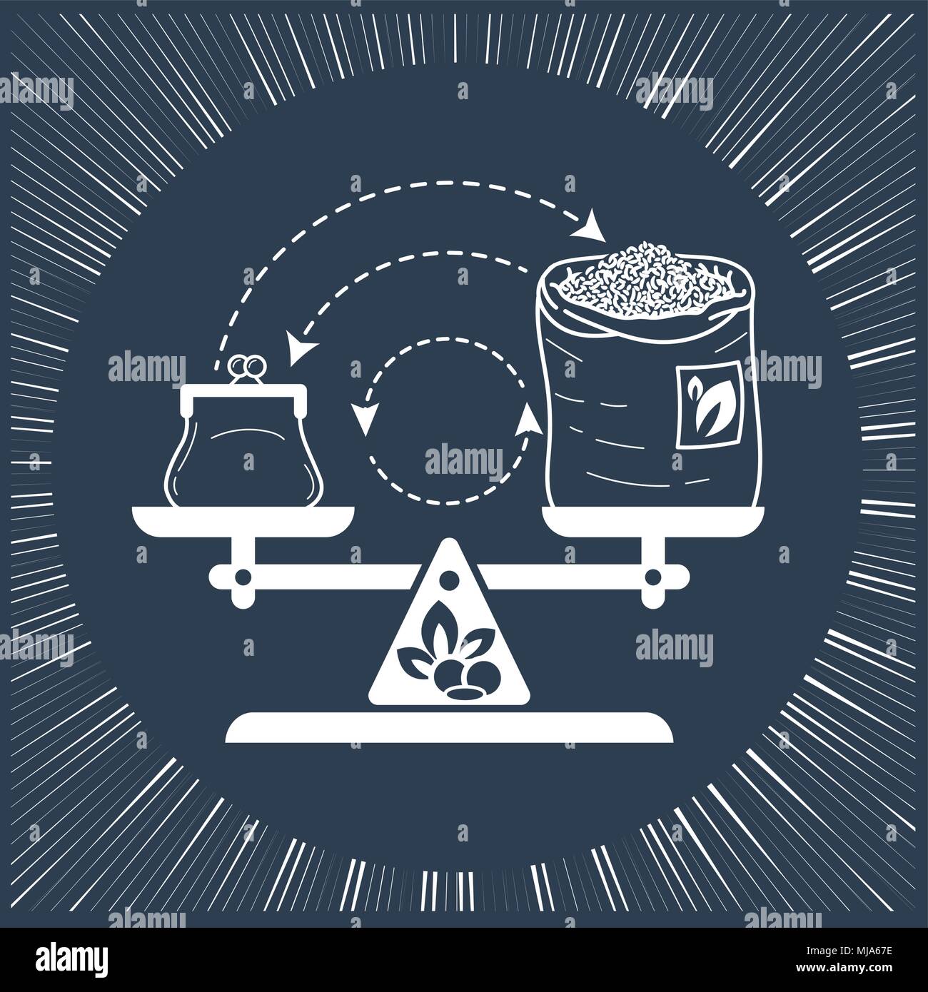 Concept de commerce équitable sous la forme de poids équilibré avec de l'argent et un sac de thé sur la flèche de l'échange. Icône, silhouette dans le style linéaire Illustration de Vecteur