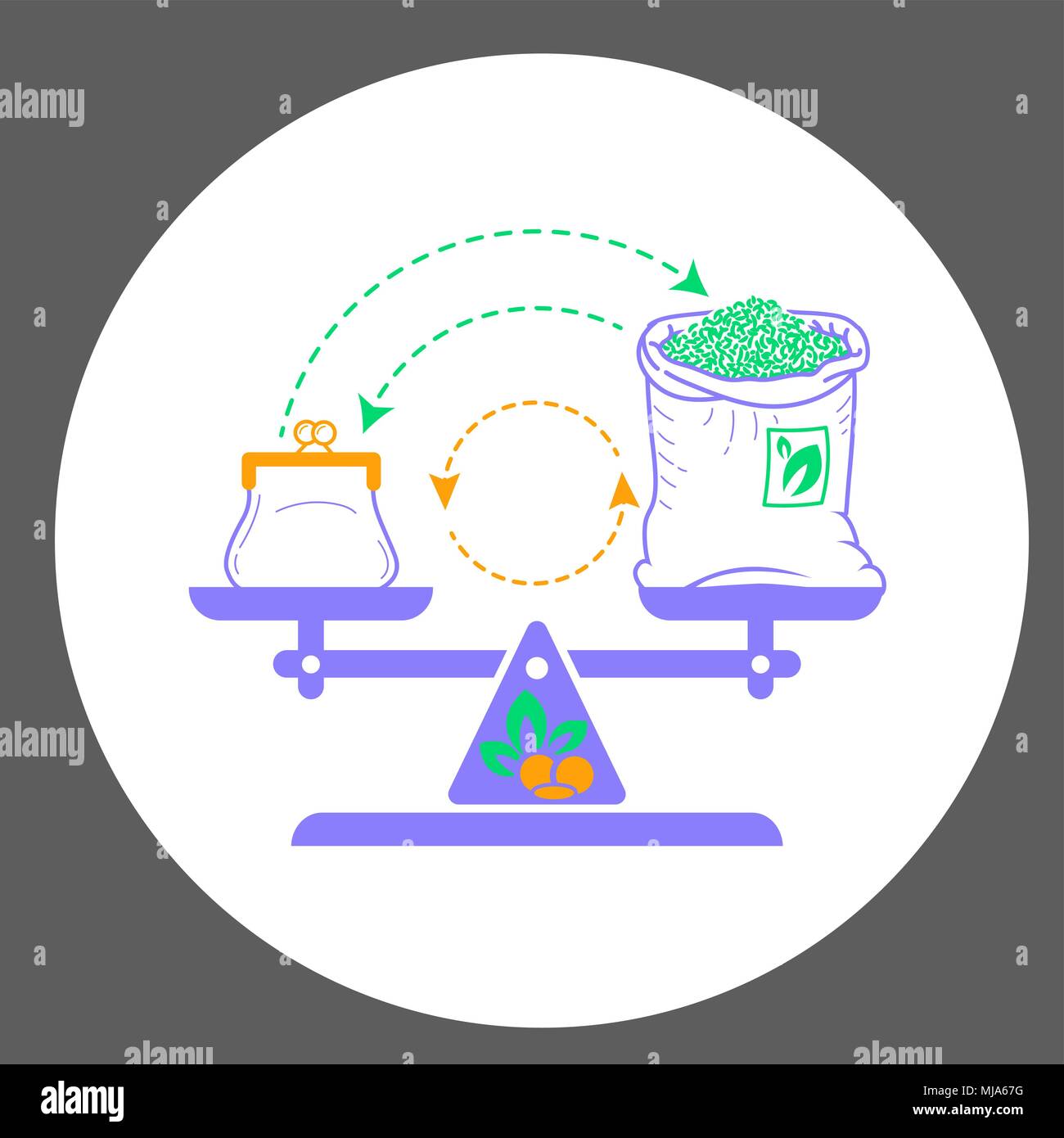 Concept de commerce équitable sous la forme de poids équilibré avec de l'argent et un sac de thé sur la flèche de l'échange. Icône dans le style linéaire Illustration de Vecteur