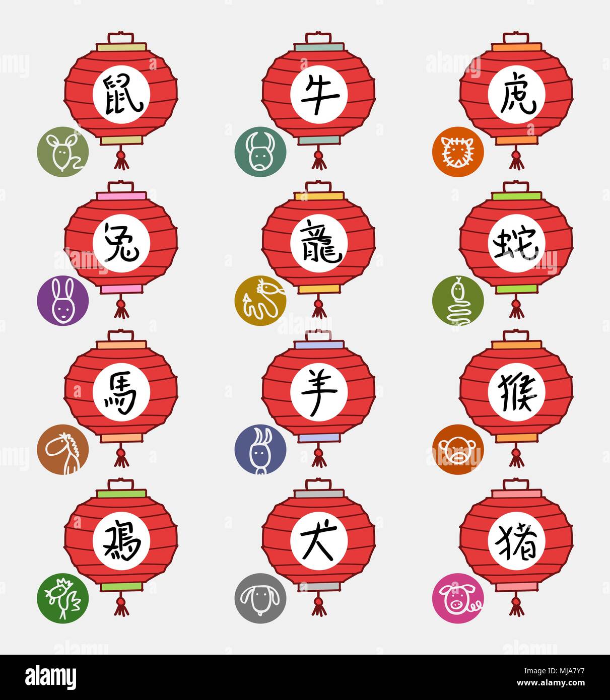 Douze Signes du zodiaque des lanternes chinoises et Illustration de Vecteur
