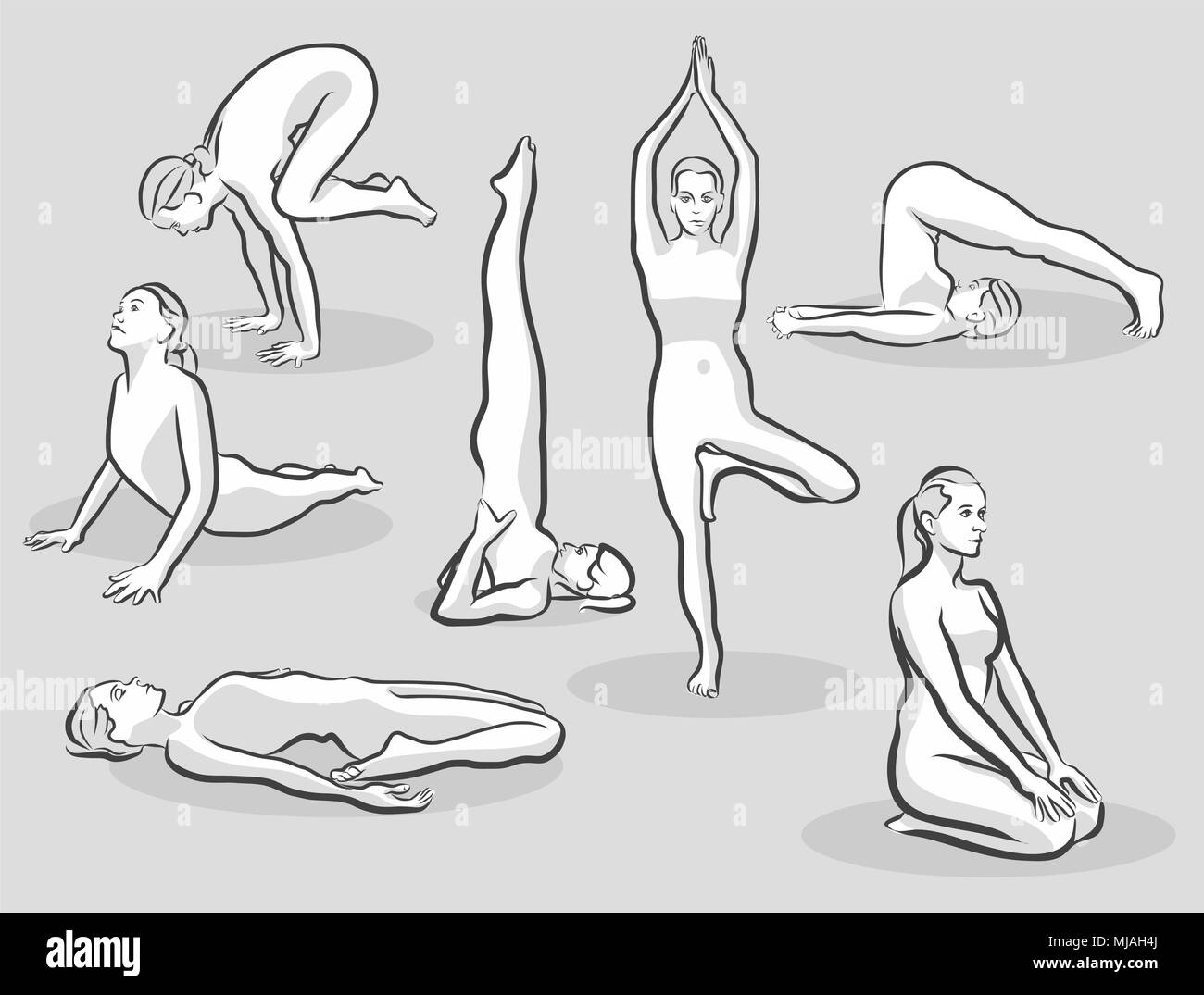 Sept Demi-teintes différentes postures de yoga, Hand drawn vector croquis de demi-teinte Illustration de Vecteur