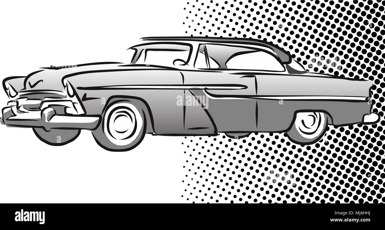 Vieille voiture américaine Vue latérale, Côté Croquis, scénario décrit Illustration de Vecteur