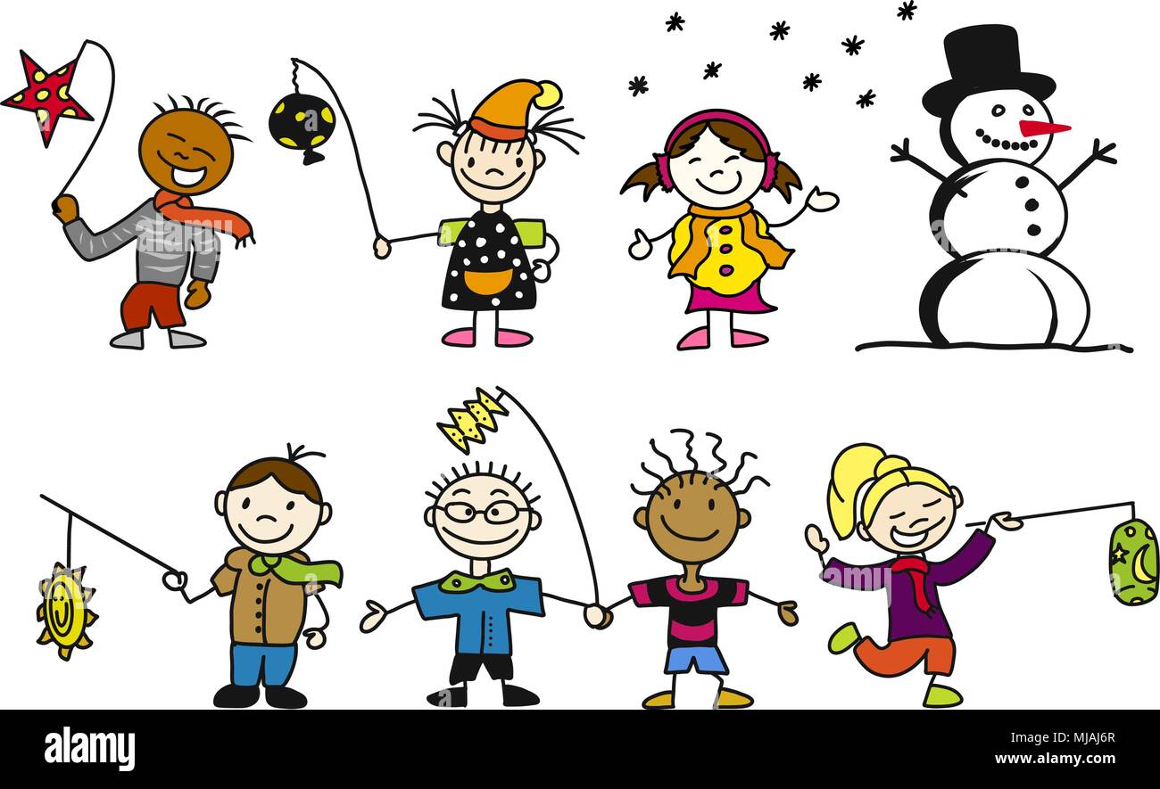 La maternelle Kinder mit Laterne und Schneemann, Freihandskizze Vektor Illustration Illustration de Vecteur