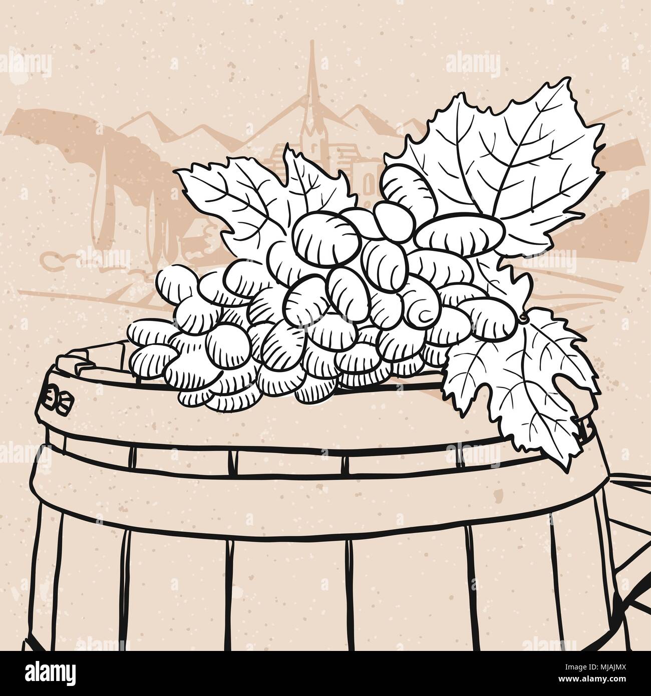 Raisins sur tonneau en bois dessiné avec du vin, des dessins vectoriels tracés à main levée Illustration de Vecteur