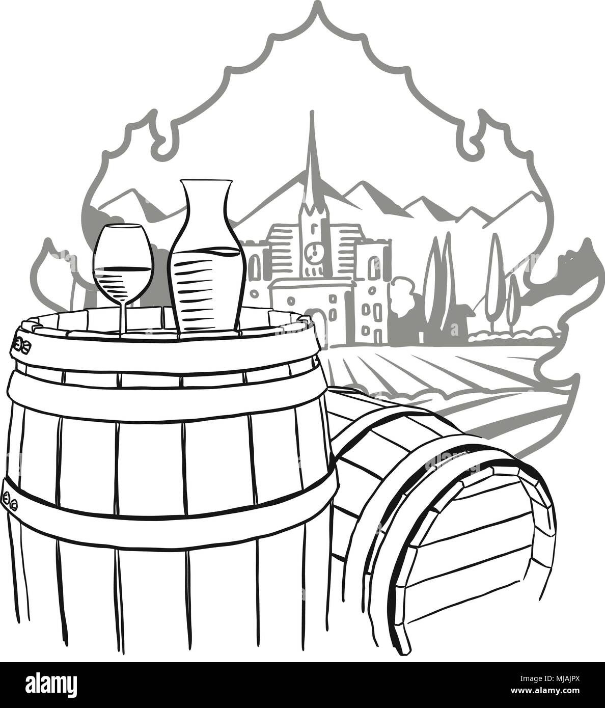 Carafe, verre de vigne sur le baril en face de l'Illustre ferme, Hand drawn Vector Illustration Illustration de Vecteur