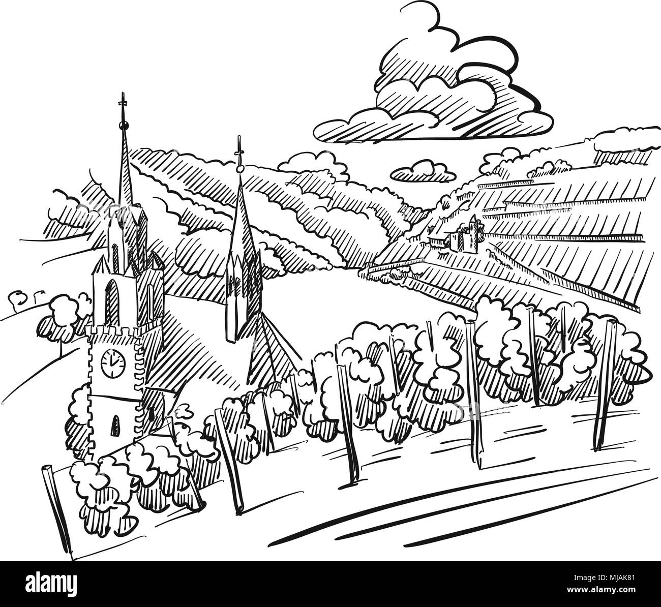 Vignoble allemand Croquis d'église, rivière et collines, Hand drawn Vector Illustration Illustration de Vecteur