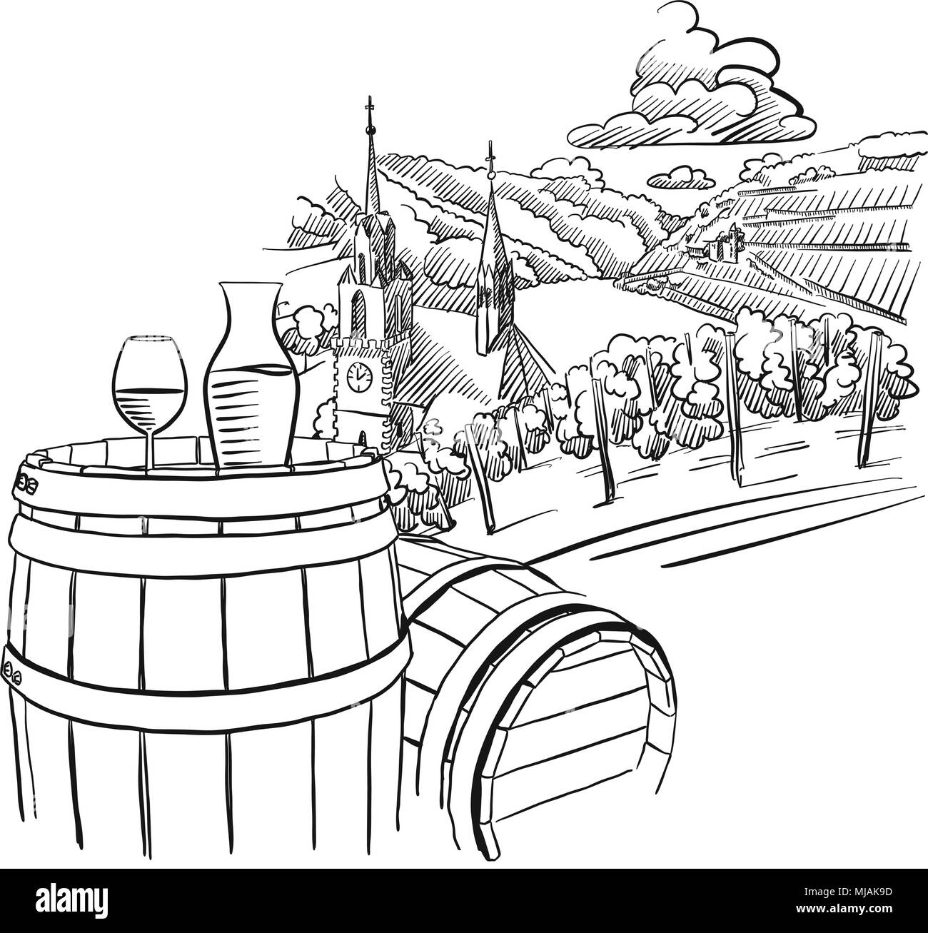 Verre de vin sur le baril en face de paysage viticole allemande, Hand drawn Vector Illustration Illustration de Vecteur