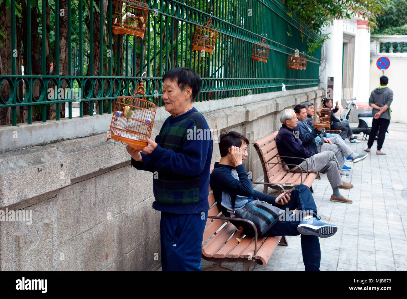 Chinese man looking at cage en cage, Luis de Camoes, Macao Jardin Banque D'Images