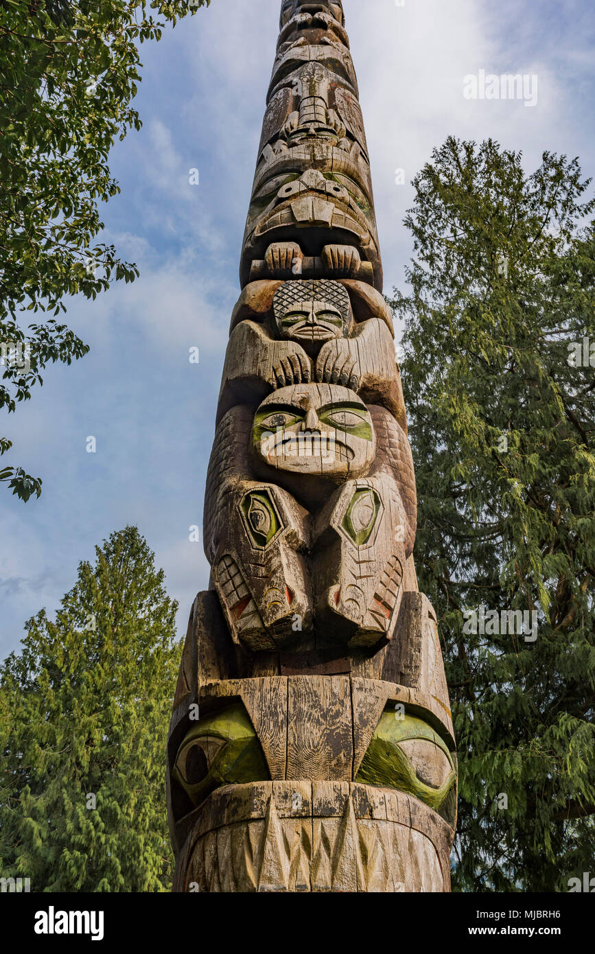 Totem, Cates Park, North Vancouver, Colombie-Britannique, Canada. Banque D'Images