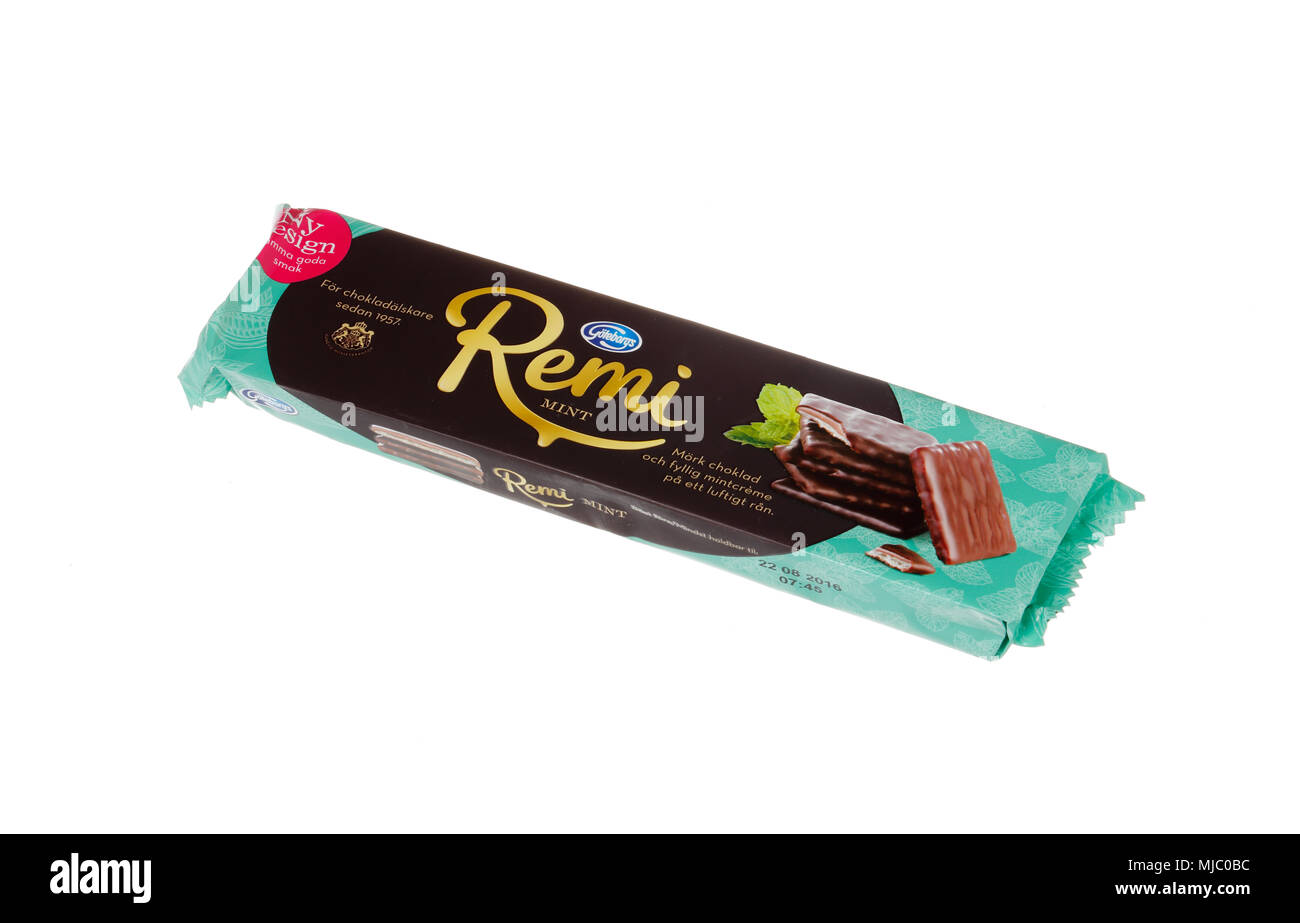 Stockholm, Suède - 19 décembre 2015 : un pack de menthe Remi Goteborgskex avec menthe chocolat gaufrettes sur remplissage vendus sur le marché suédois Banque D'Images
