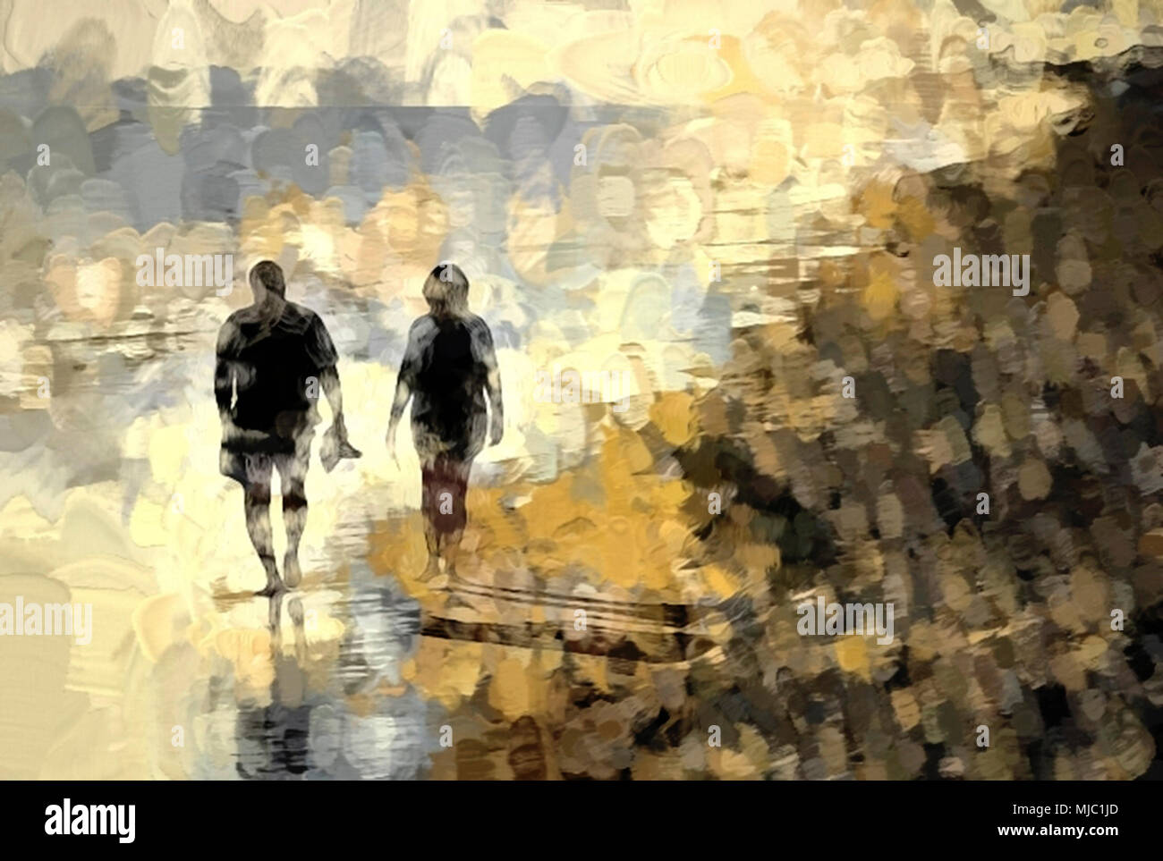 Résumé de l'image couple en train de marcher sur la rive de l'Atlantique plage au crépuscule Banque D'Images