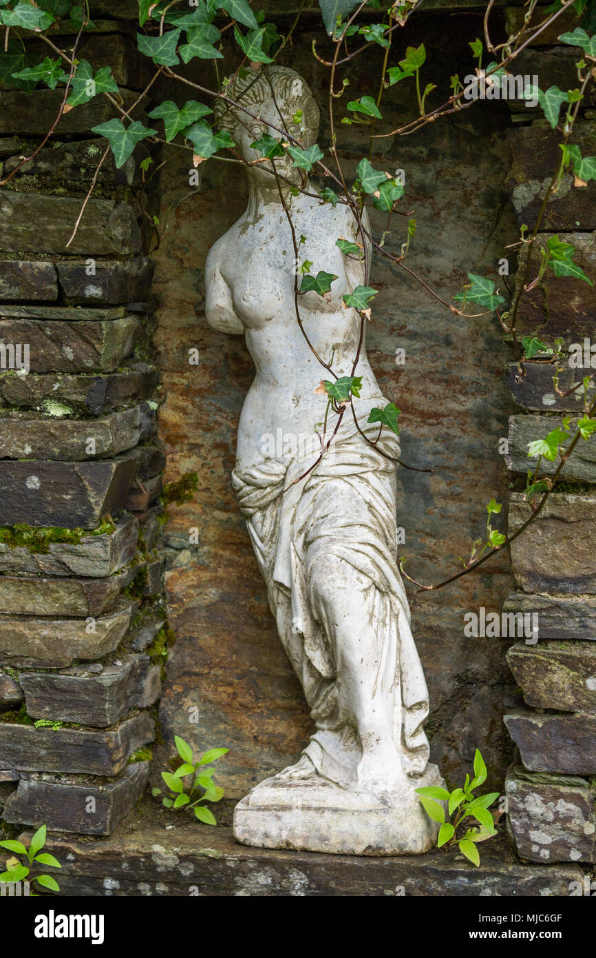 À la recherche d'ornements de jardin comme des statues grecques lentement envahi par de lierre et de clématites croissant dans le soleil du printemps. Banque D'Images