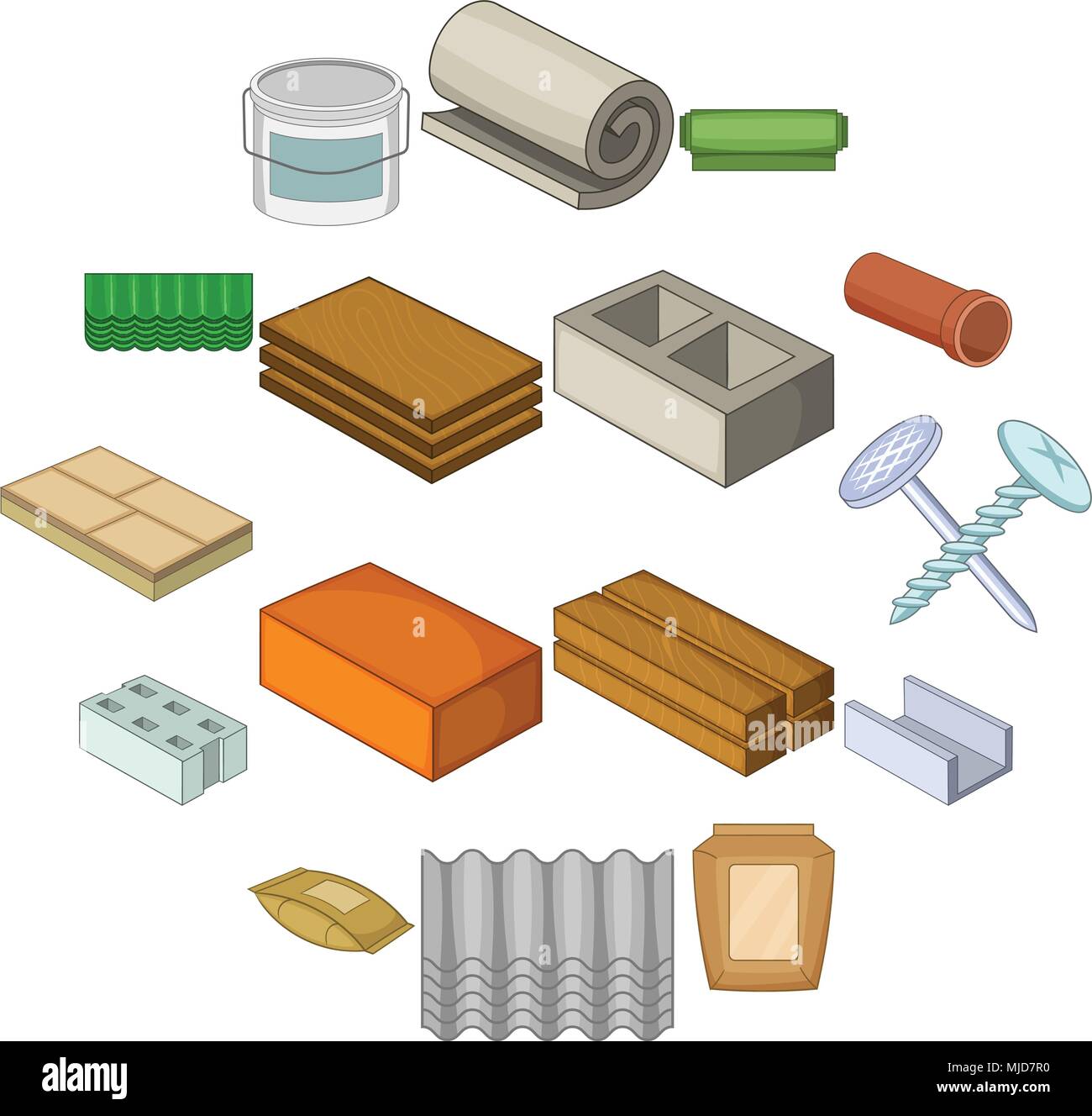 Icônes de matériaux de construction set, cartoon style Illustration de Vecteur