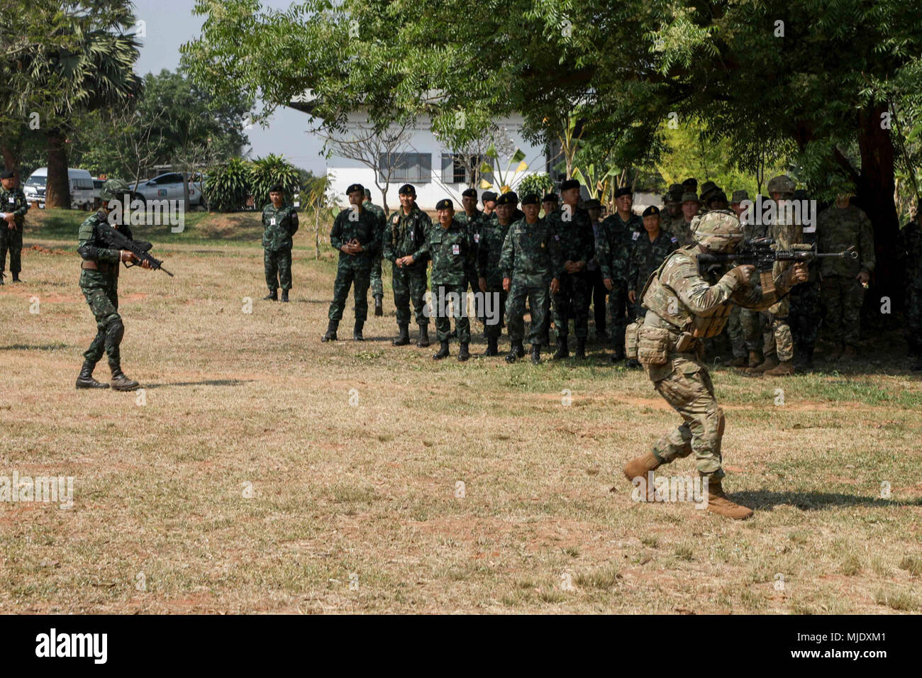 Les soldats de l'Armée américaine à partir de la 1e Bataillon, 21e Régiment d'infanterie, 2e Brigade Combat Team, 25e Division d'infanterie et leurs homologues des Forces armées royale thaïlandaise à partir de la 133e Bataillon d'infanterie, 23e Régiment d'infanterie, participer à un exercice d'entraînement de l'équipe d'interopérabilité et la facilité de la communication sur le camp de l'amitié, le Korat, le 14 février 2018 dans le cadre de l'exercice 2018 Gold Cobra. Les soldats américains portent l'US Army's jungle expérimentale uniforme. Gold Cobra Exercice 18 offre un lieu pour les États-Unis et la Thaïlande, ainsi que des alliés et des pays partenaires de l'avance interope Banque D'Images