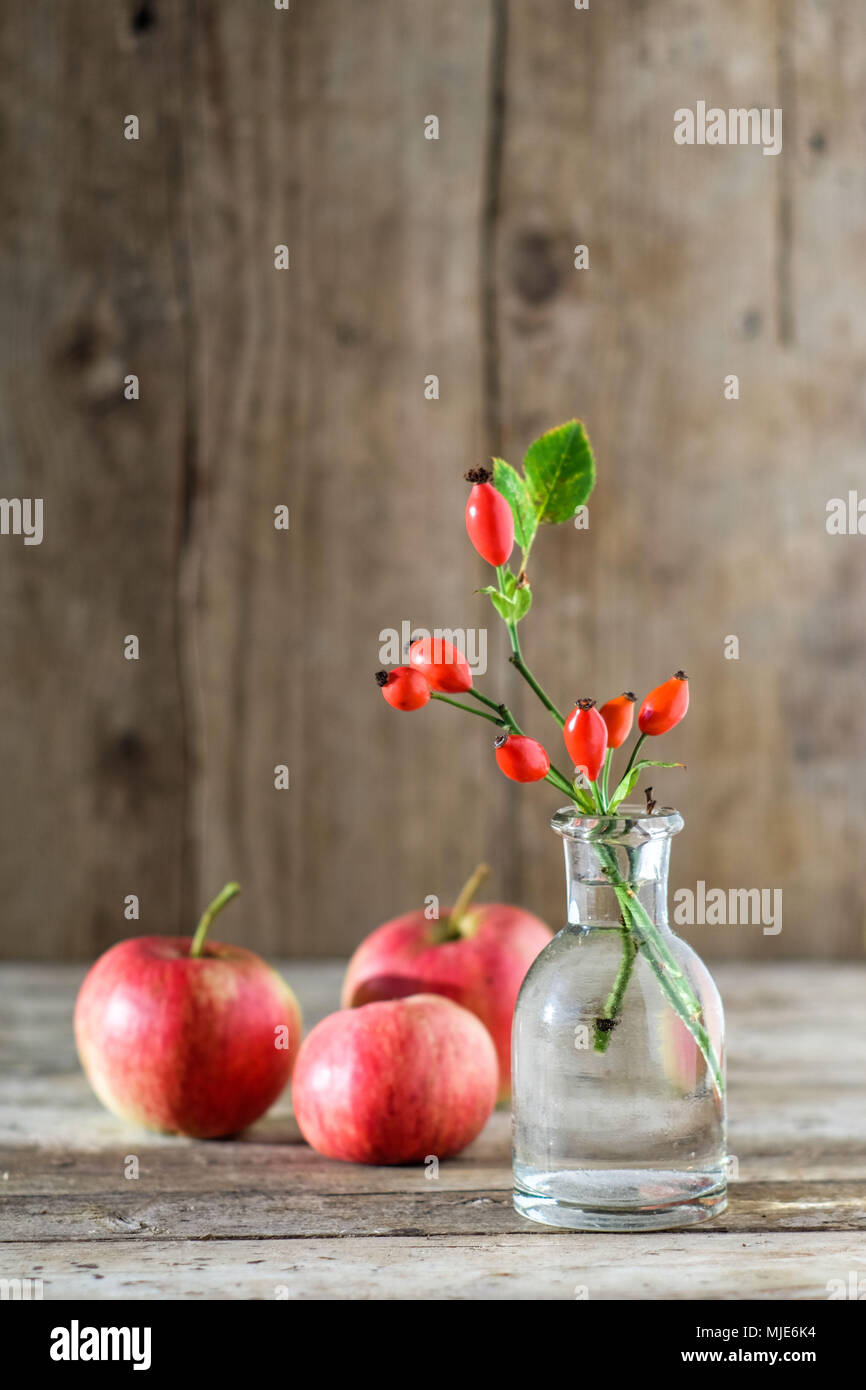 La fin de l'été-automne / Nature morte avec fruits d'églantier dans un petit vase en verre et les pommes sur une vieille table en bois Banque D'Images