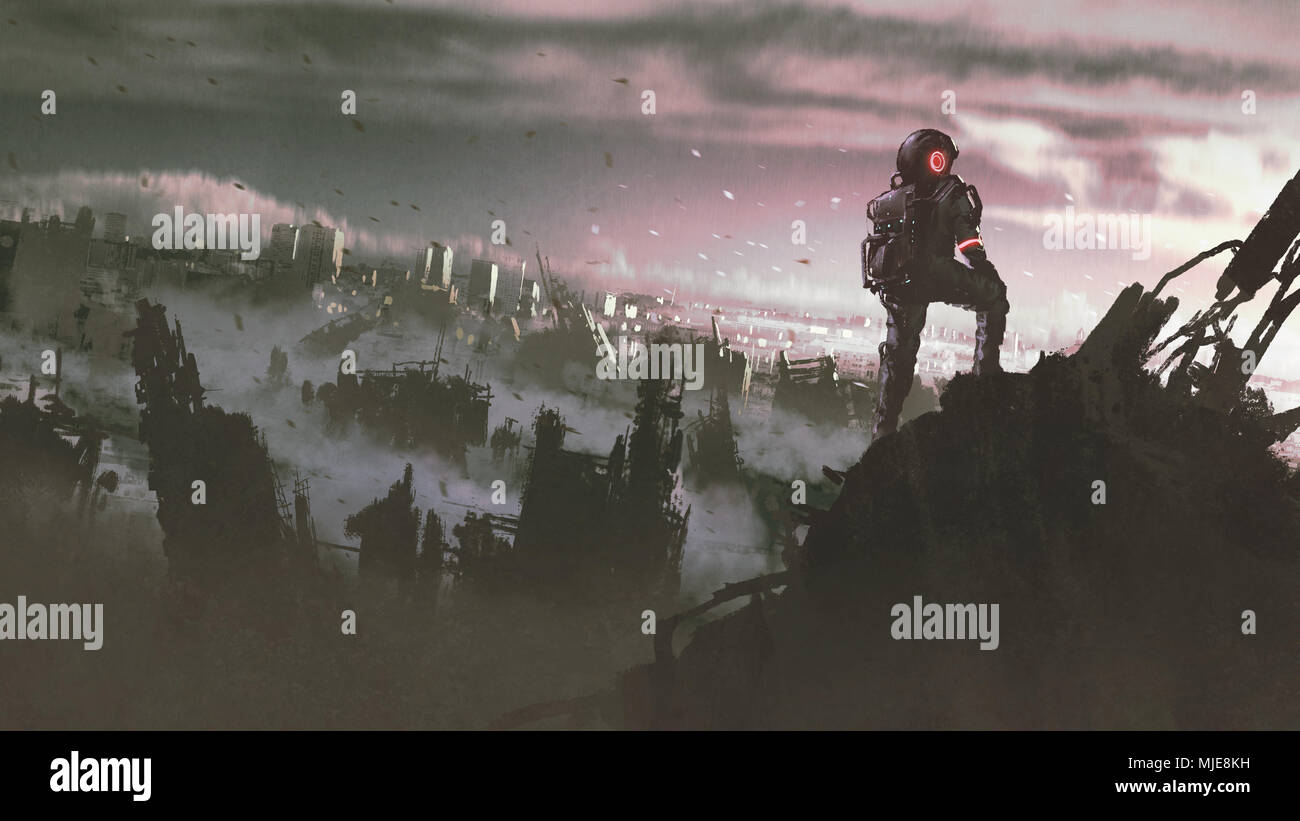 Comité permanent de l'astronaute sur un bâtiment en ruine à la ville abandonnée au style, art numérique, illustration peinture Banque D'Images