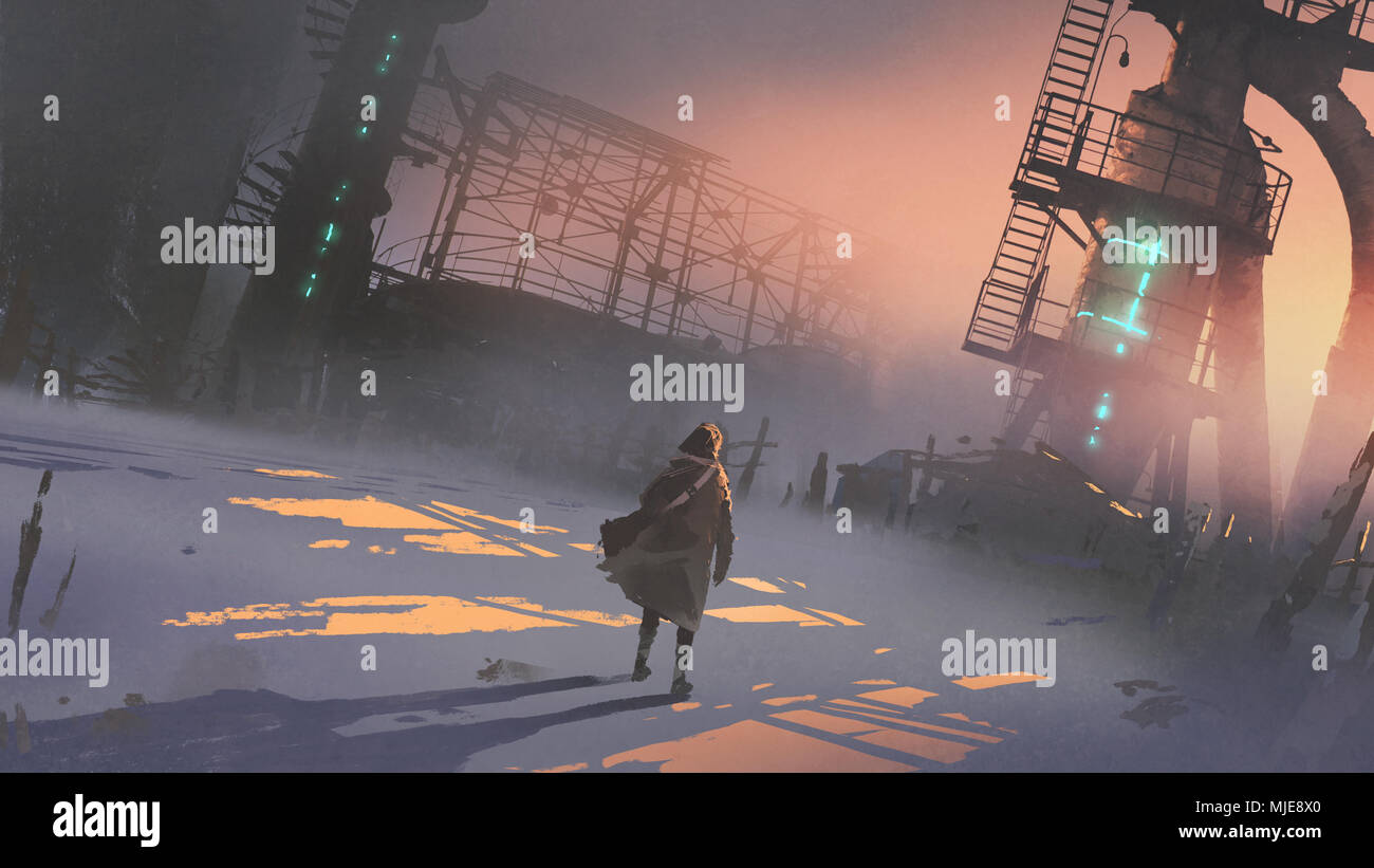 Man looking at usine abandonnée dans un froid matin d'hiver, art numérique, peinture style illustration Banque D'Images