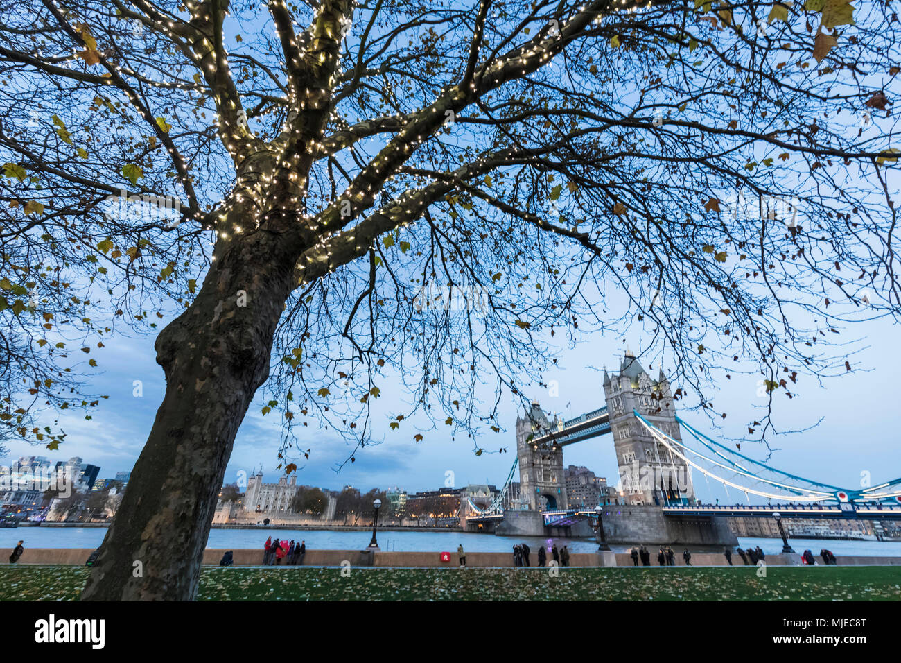 L'Angleterre, Londres, Tower Bridge et la Tour de Londres avec des lumières de Noël Banque D'Images