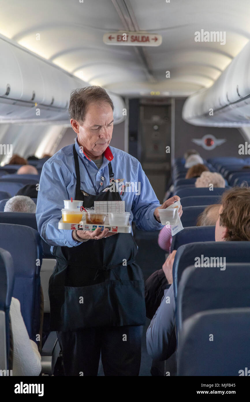 Detroit, Michigan - une agente de bord sert des boissons sur un vol Southwest Airlines de Detroit à Atlanta. Banque D'Images