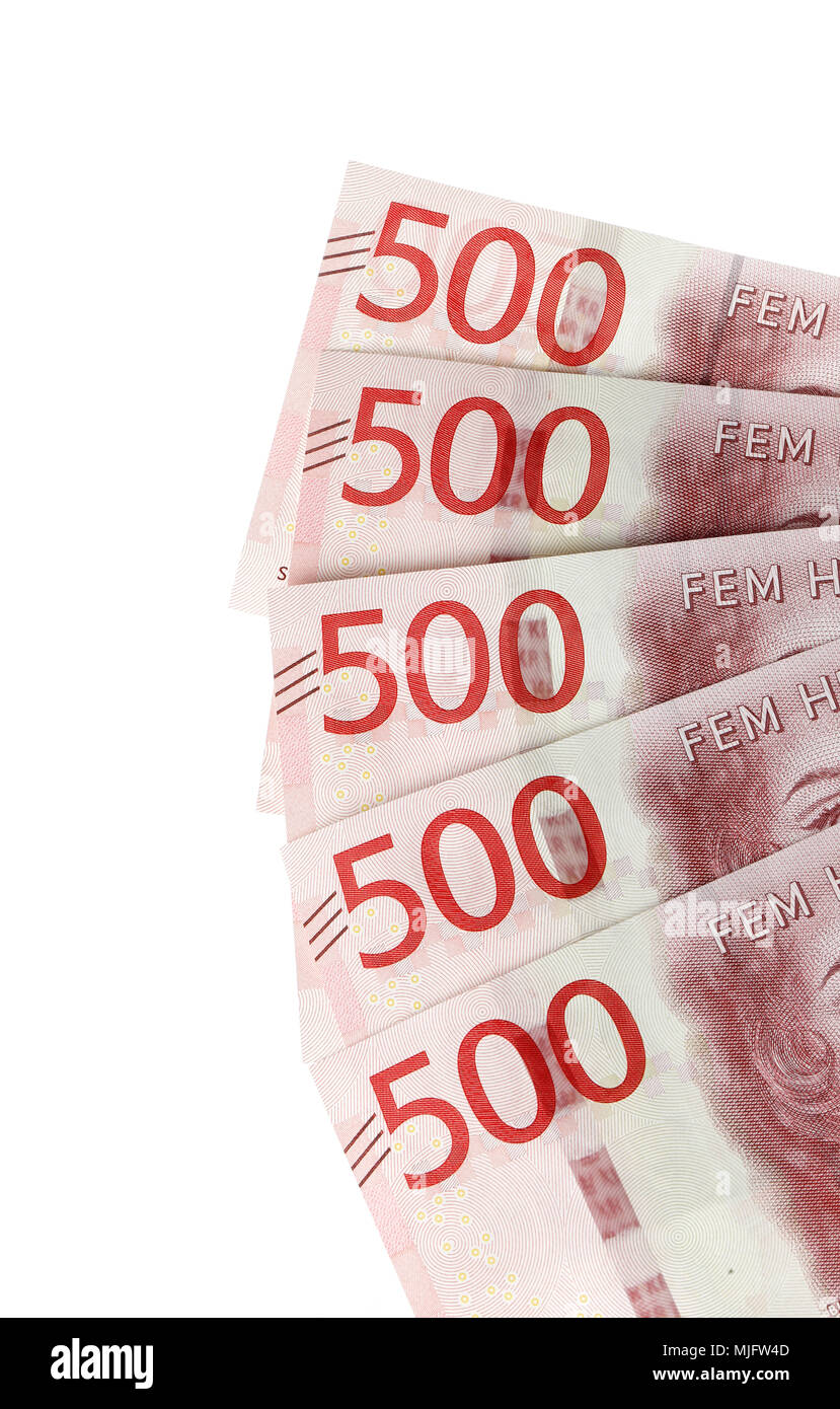 La partie la plus à gauche de cinq couronnes suédoise cinq cent billets isolé sur fond blanc. Banque D'Images