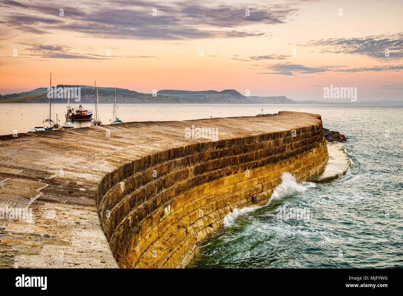 La Cobb, le port historique brise-lames à Lyme Regis, dans le Dorset, Angleterre, un soir d'été. Banque D'Images