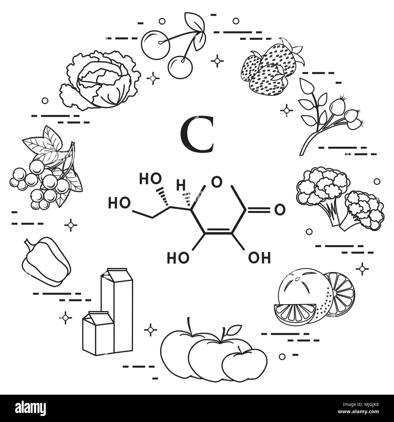 Les aliments riches en vitamine C. cerise, fraise, dog rose, orange, chou-fleur, pommes, lait, produits laitiers, de poivron, de cassis, de chou. Illustration de Vecteur