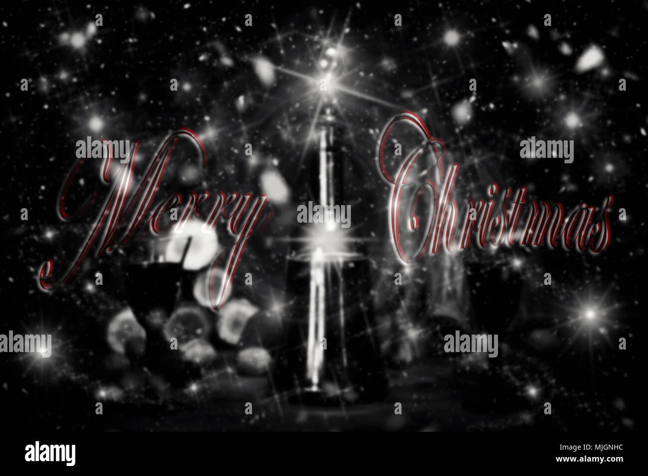 Joyeux Noël signe avec Red Wine Vintage bouteille et verres en appui sur table en bois avec Stardust et flocons de neige dans l'arrière-plan Banque D'Images