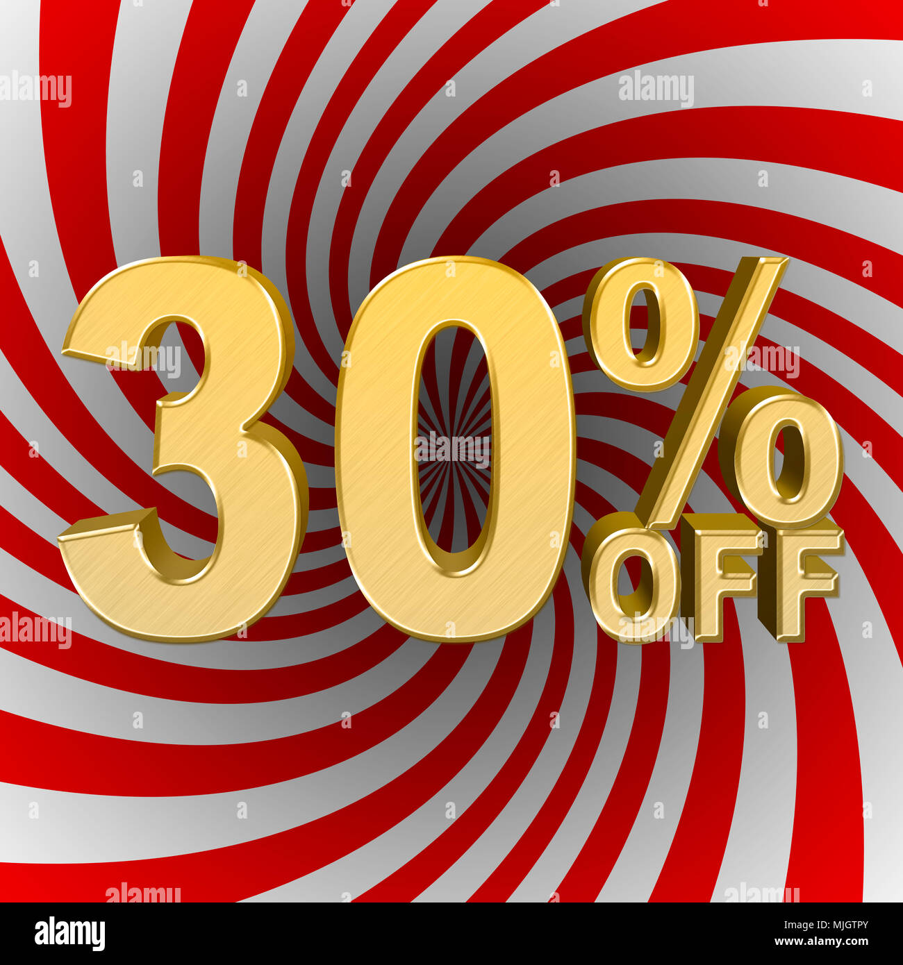 Images Illustrations - grand texte d'Or : 30 % de remise, la vente, le nombre d'or, 3D Illustration, rouge et blanc. l'arrière-plan tordu Banque D'Images