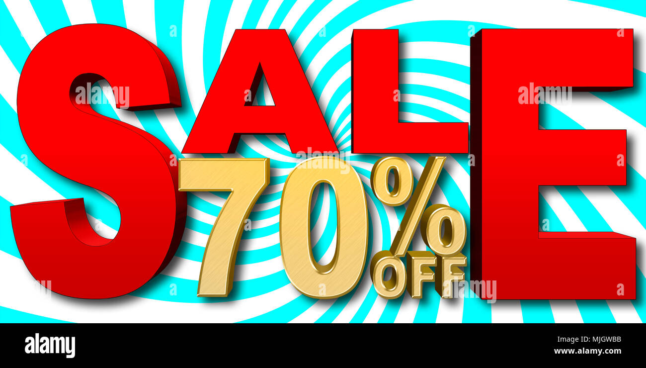 Images Illustrations - grand texte d'Or : 70 % de remise, grand texte en rouge : vente, bleu et blanc, l'arrière-plan en spirale 3D Illustration. Banque D'Images