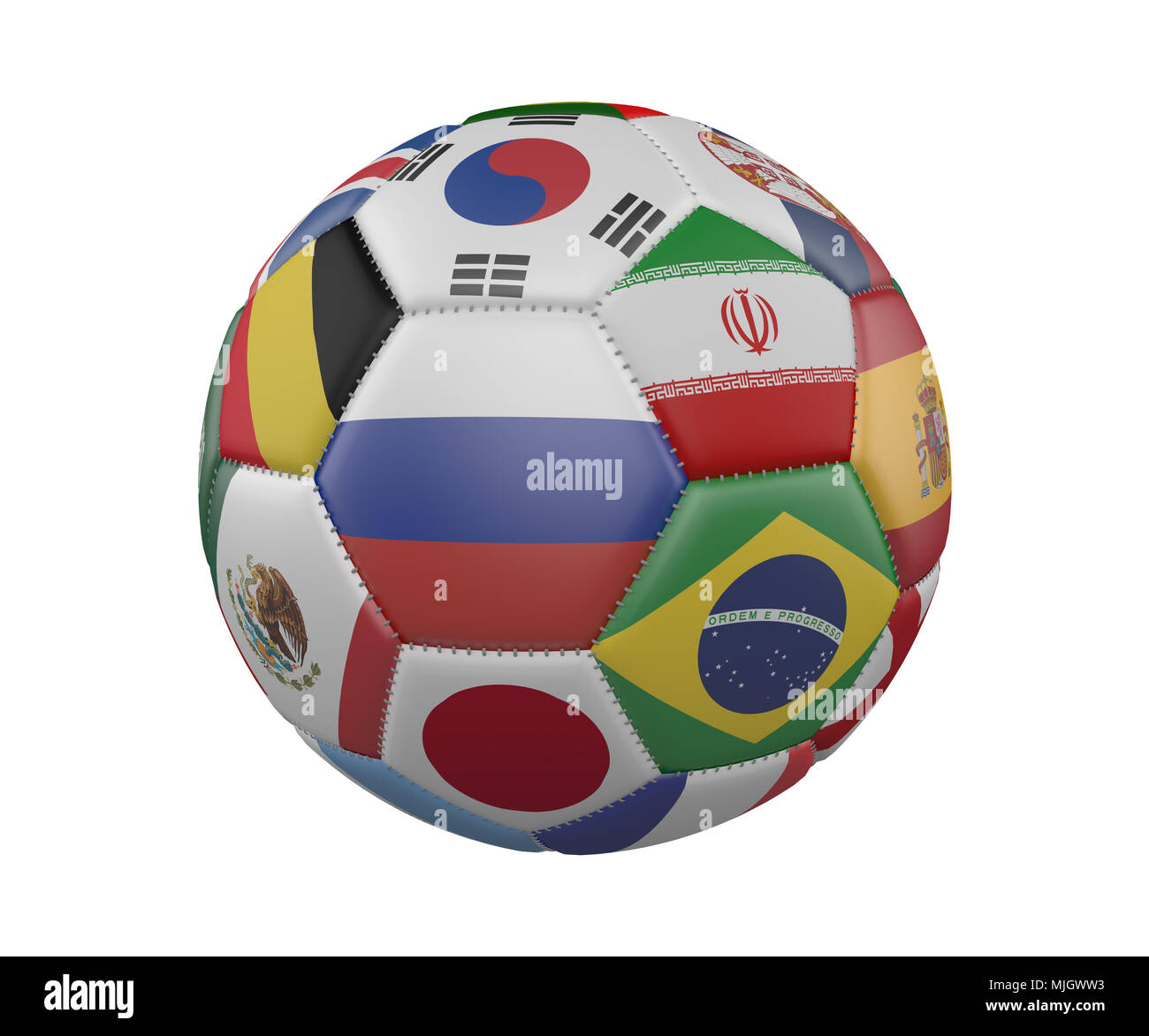 Ballon de soccer de football avec les drapeaux isolé sur fond blanc, la Russie dans le centre, 3D Rendering Banque D'Images