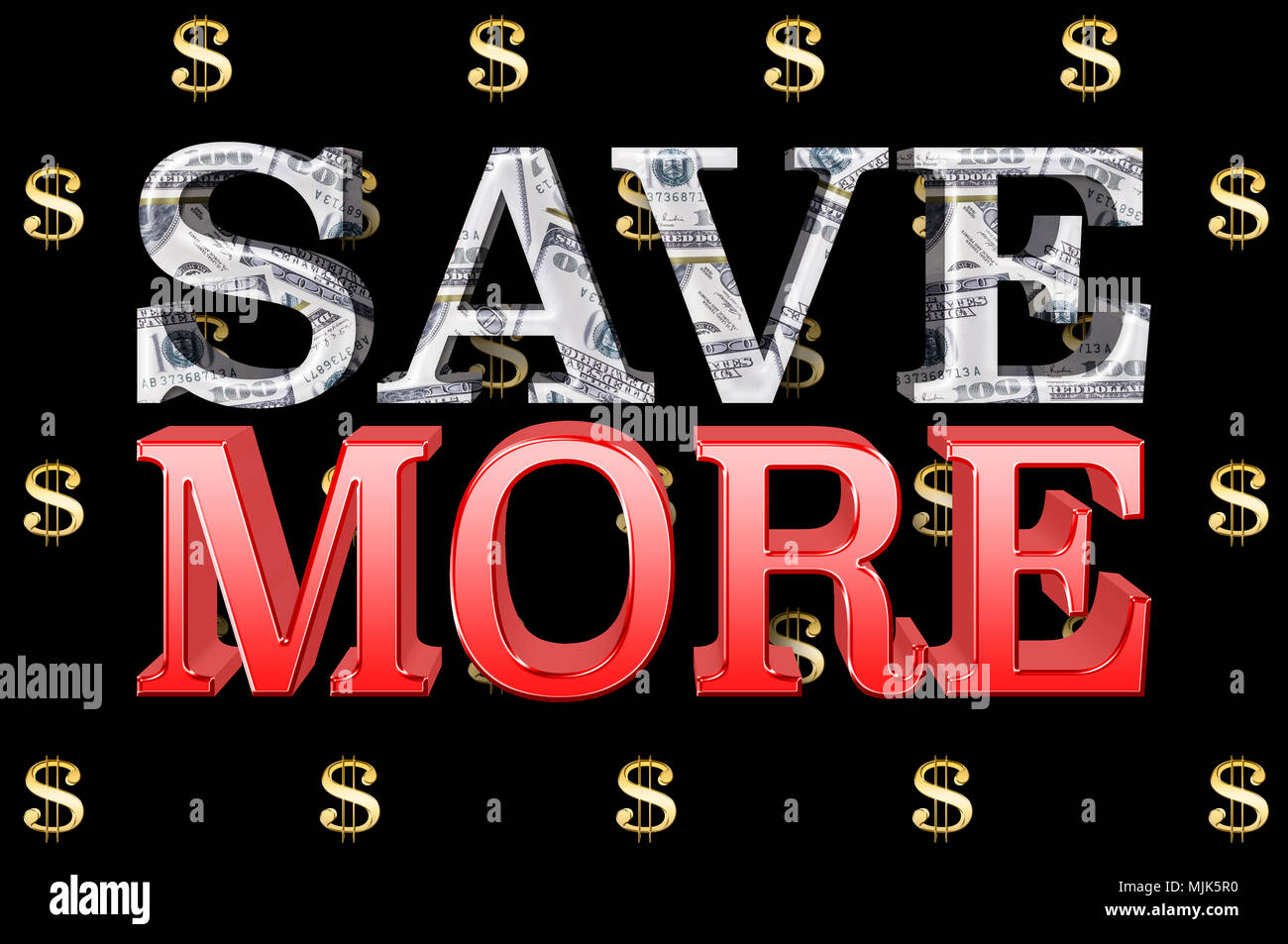 Images Illustrations - grand texte métallique : sauver Plus, 3D Illustration, petite Monnaie Dollar or signes dans le fond noir. Banque D'Images