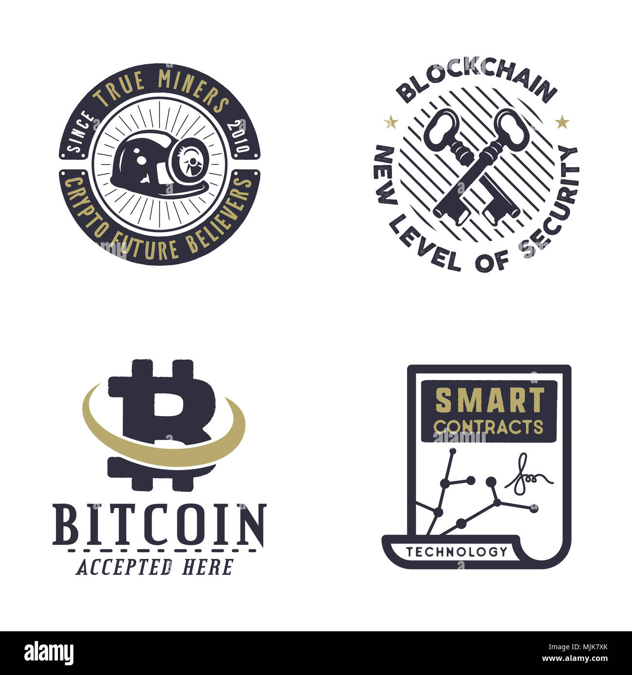 Blockchain, bitcoin, emblèmes et devises crypto concepts. Les biens numériques logos. Vintage design monochrome dessiné à la main. Badges de sécurité Web. Stock illustration isolé sur fond blanc Banque D'Images