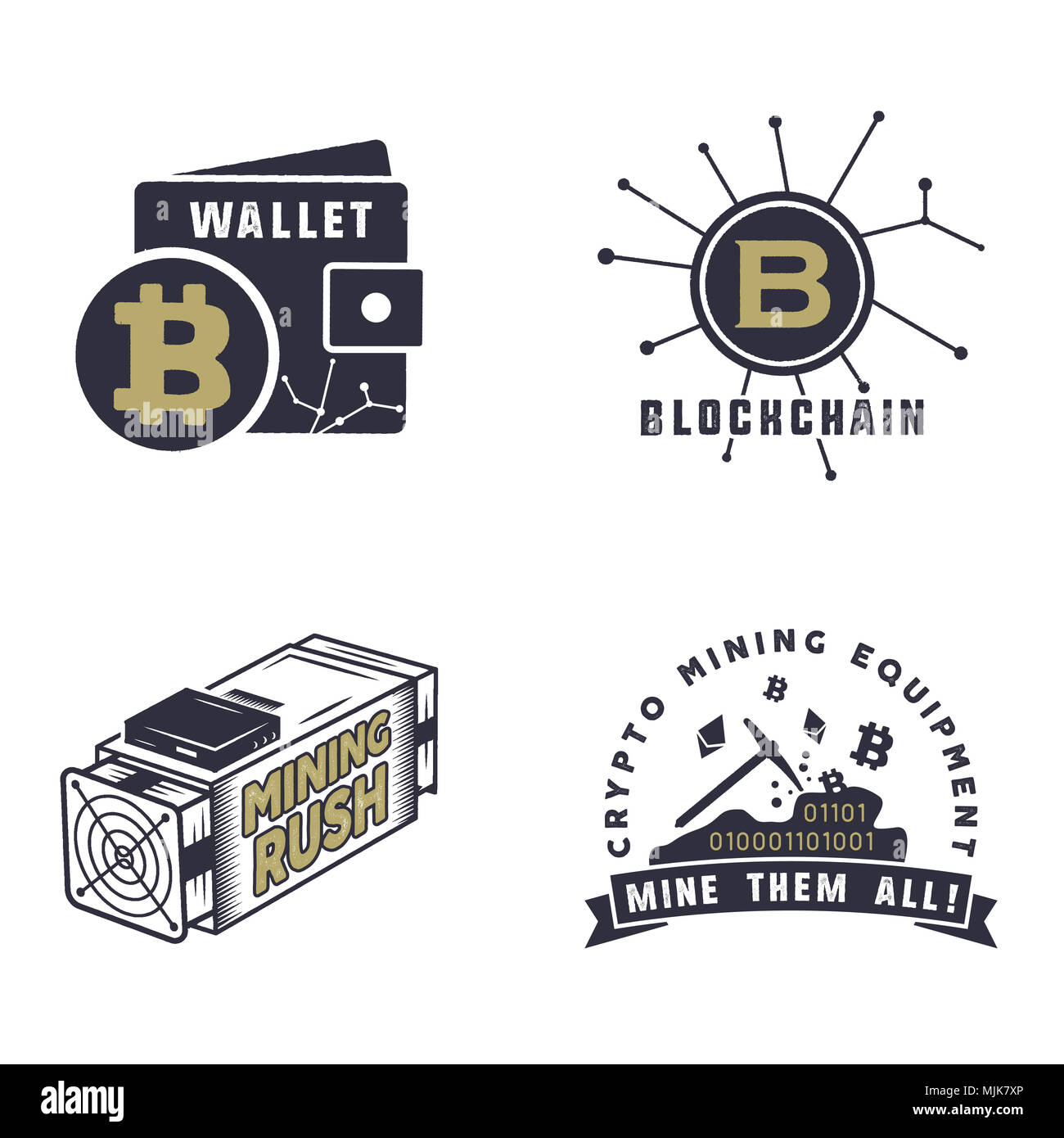 Blockchain, bitcoin, emblèmes et devises crypto concepts. Les biens numériques logos. Vintage design monochrome dessiné à la main. Les mineurs, les badges porte-monnaie. Stock illustration isolé sur fond blanc Banque D'Images