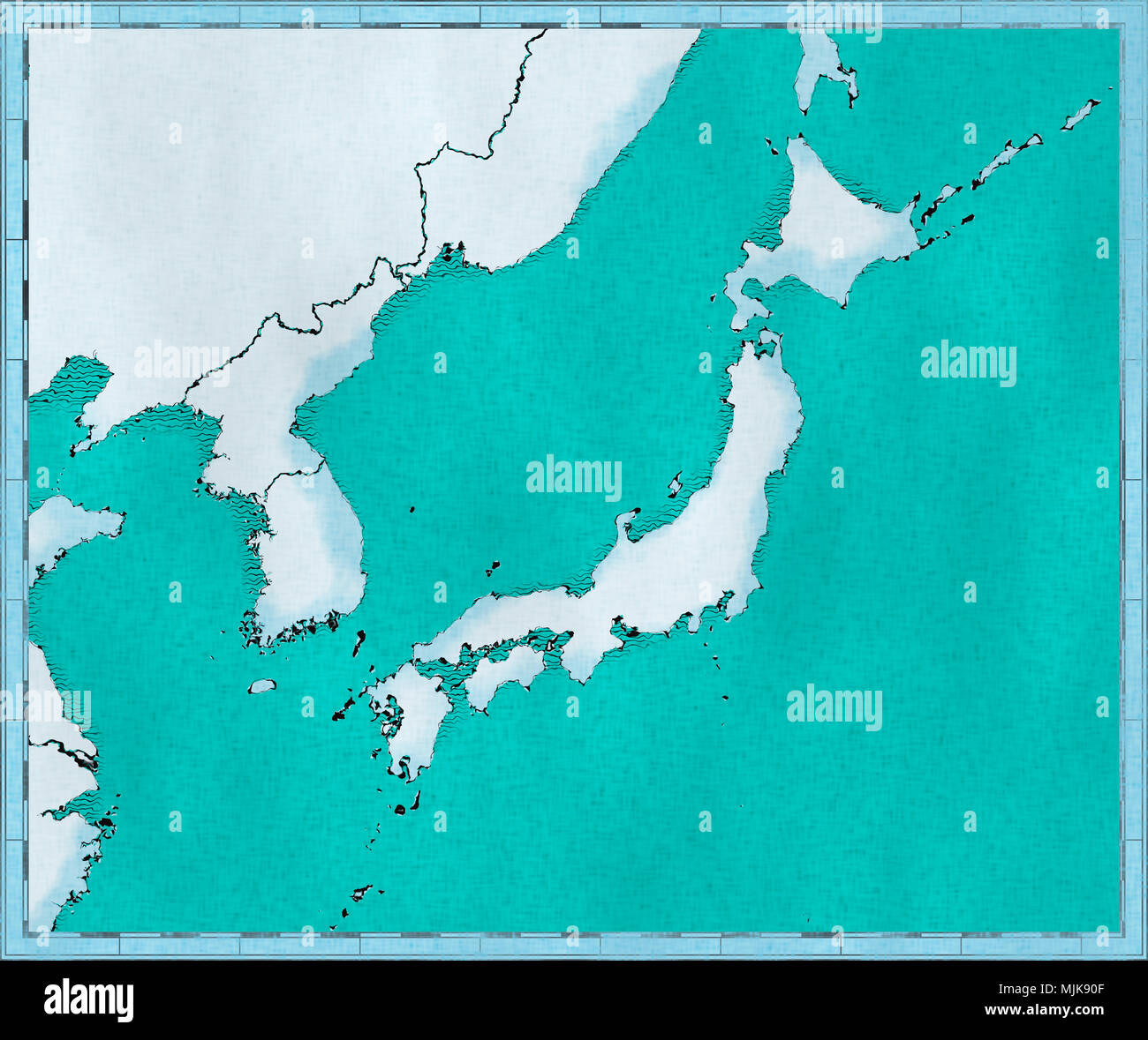 La carte du Japon, de la Corée du Nord et la Corée du Sud, carte physique, en Asie de l'Est, la carte avec des reliefs et des montagnes et l'océan Pacifique, atlas, cartographie Banque D'Images