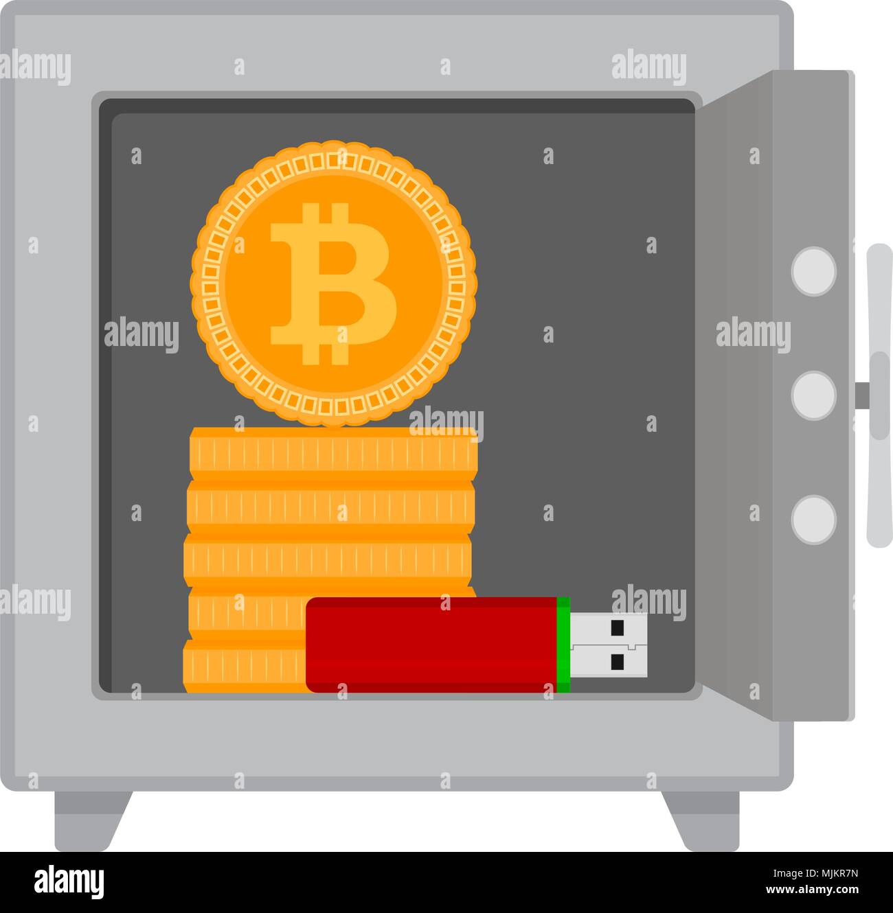 Coffre-fort avec des pièces de monnaie bitcoin et les disques durs à mémoire flash. Dans les affaires d'argent Bitcoin coffre-fort, coin virtual finances, vector illustration Illustration de Vecteur