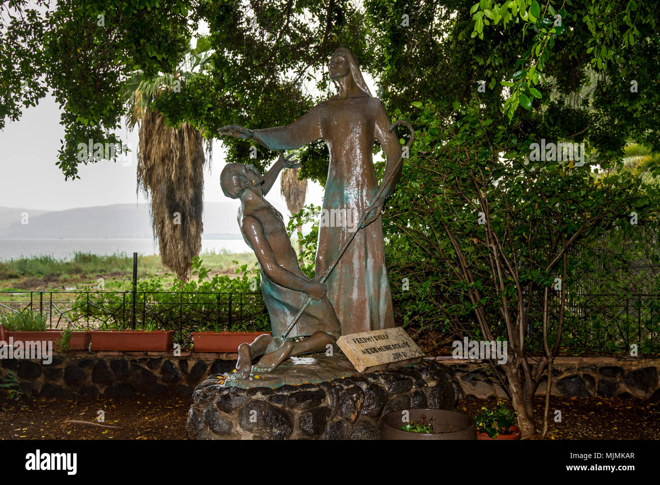 Sculpture en bronze de Jésus et de pierre dans le jardin de l'église de la primauté de Saint Pierre, sur la côte de la mer de Galilée, Tabgha, Israël Banque D'Images