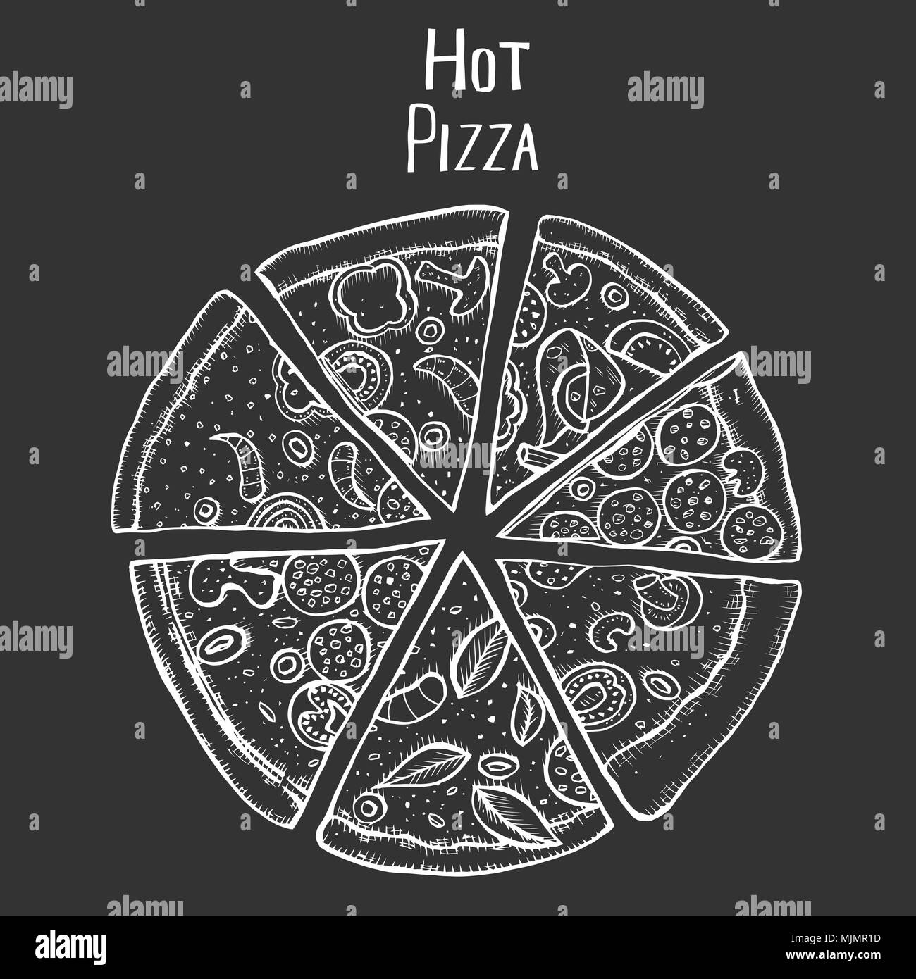 Pizza italienne monochrome hand drawn vector illustration. Tranches de pizza dans un cercle. Modèle de conception de l'emballage. Illustration croquis. Isolated on black Illustration de Vecteur