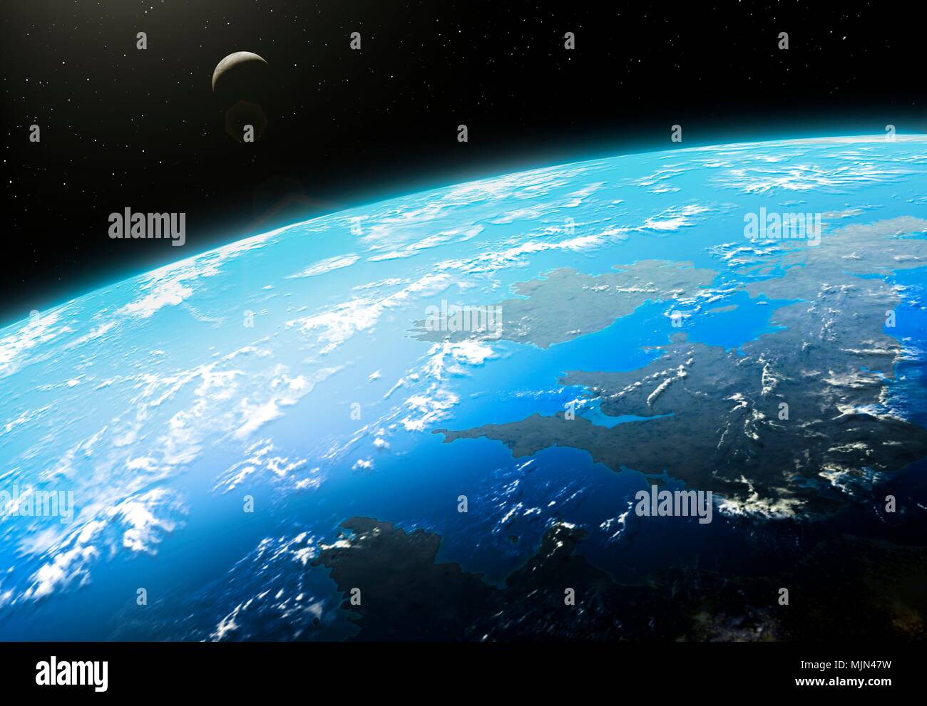 Illustration de la Terre depuis l'espace. C'est une vue sur l'Europe, centrée sur le Royaume-Uni et la France. La Lune est également visible. Banque D'Images