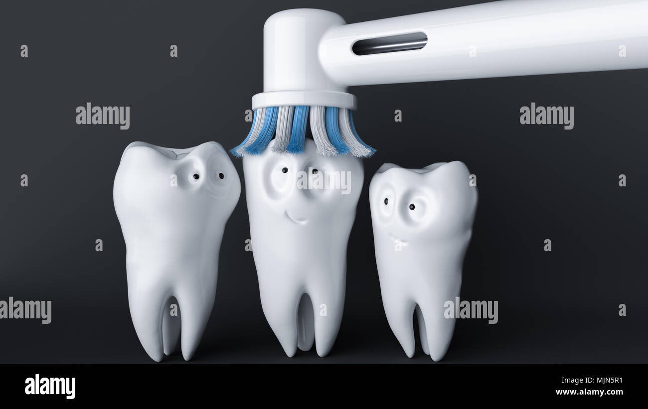 Des dents caricature. Une dent jouit d'être nettoyée. - Le rendu 3D Banque D'Images