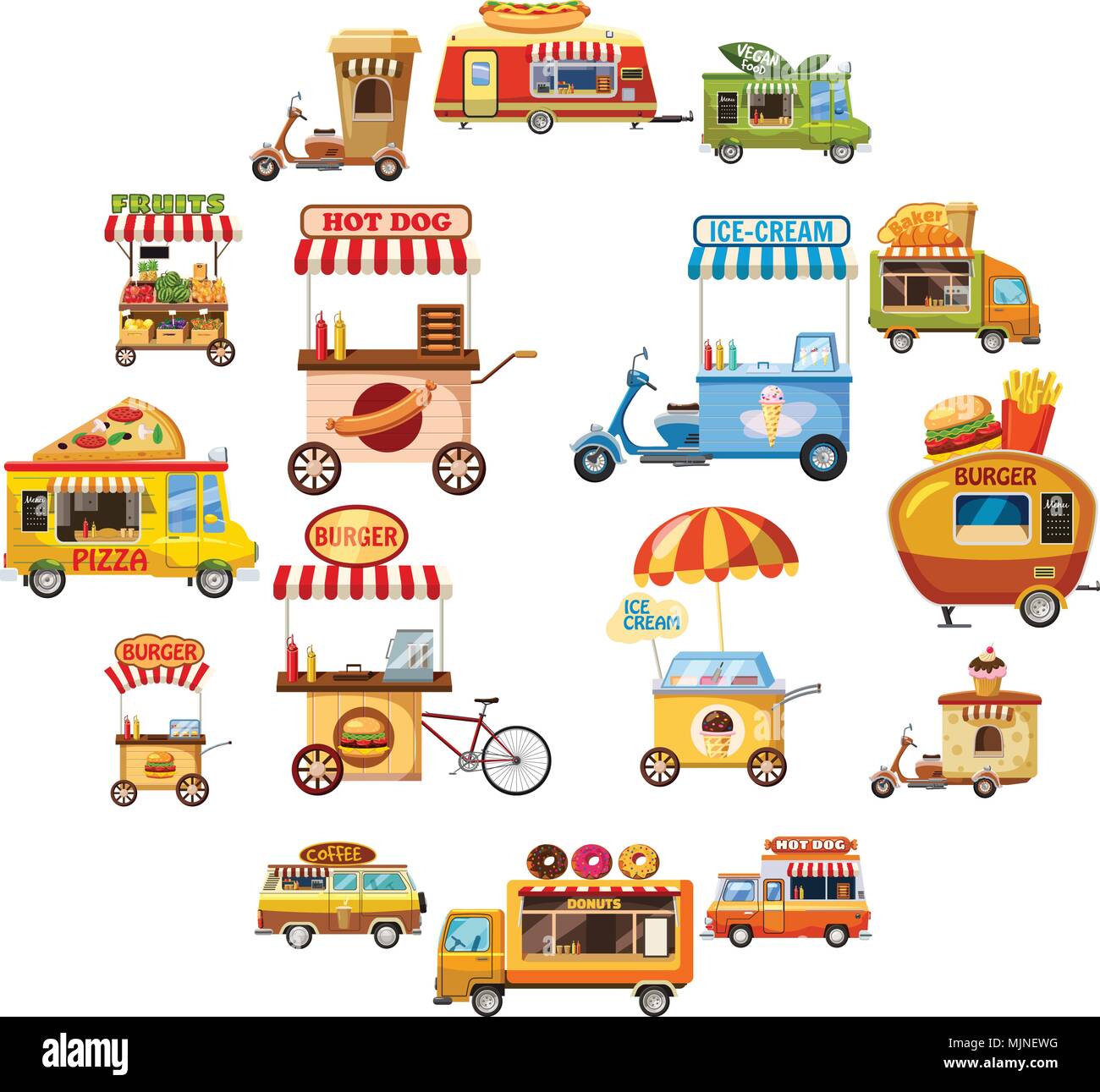 Kiosque d'alimentation de rue, cartoon style icons set Illustration de Vecteur