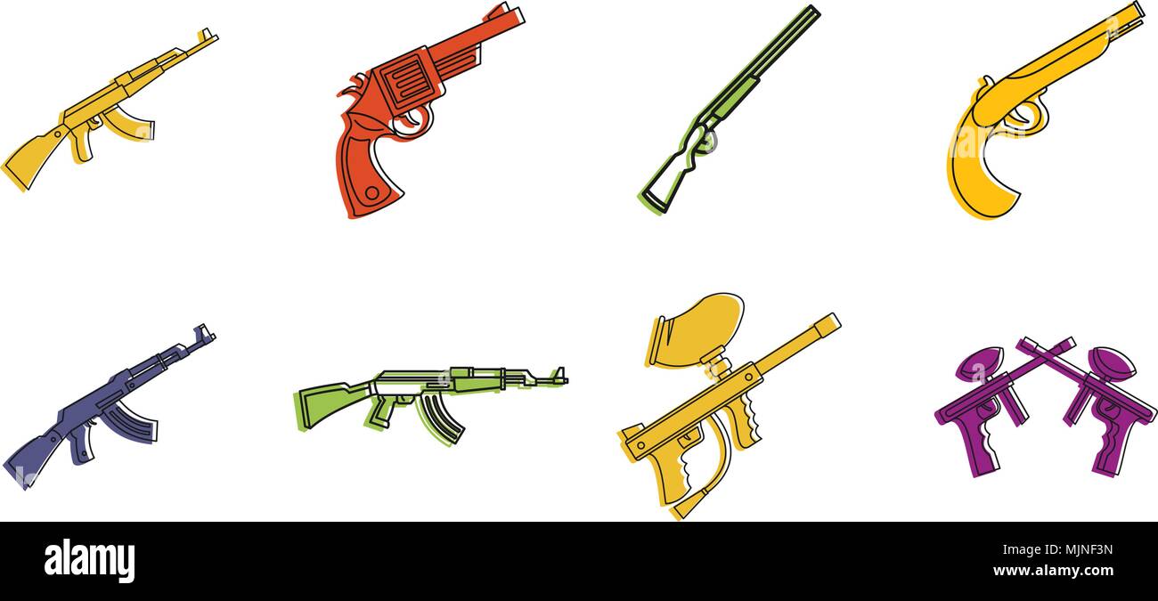 Icon Set d'armes à feu, style du contour de couleur Illustration de Vecteur