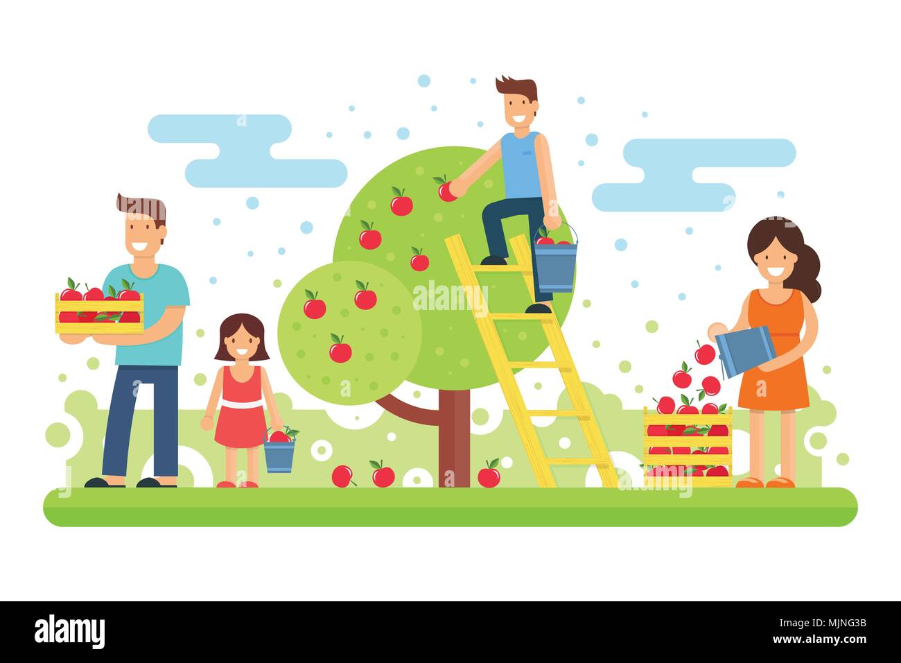Une famille heureuse recueille des récoltes de pommes. Le père, la mère, le fils et le plus jeune fille sont la collecte des pommes dans le jardin. Vector illustration. Wor mixte Illustration de Vecteur