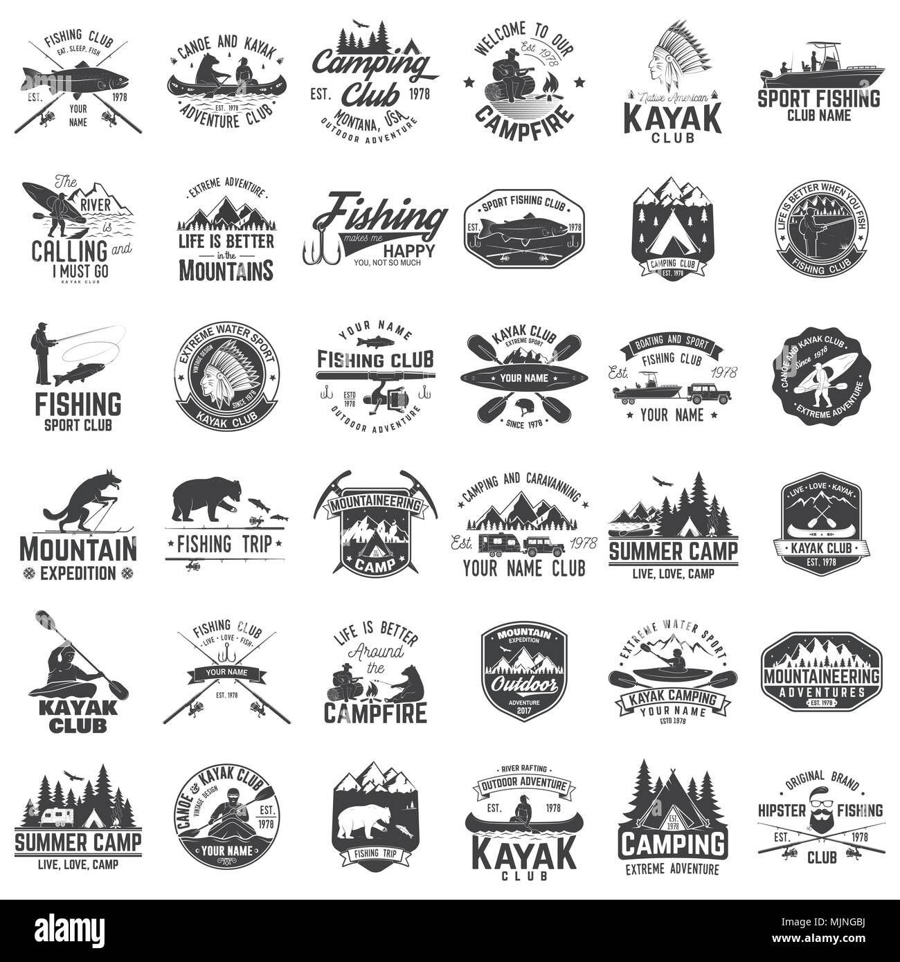 Ensemble de canot, kayak, pêche et camping club badge. Vector illustration. Concept pour chemise, imprimer, stamp ou tee. Design typographie vintage avec mont Illustration de Vecteur