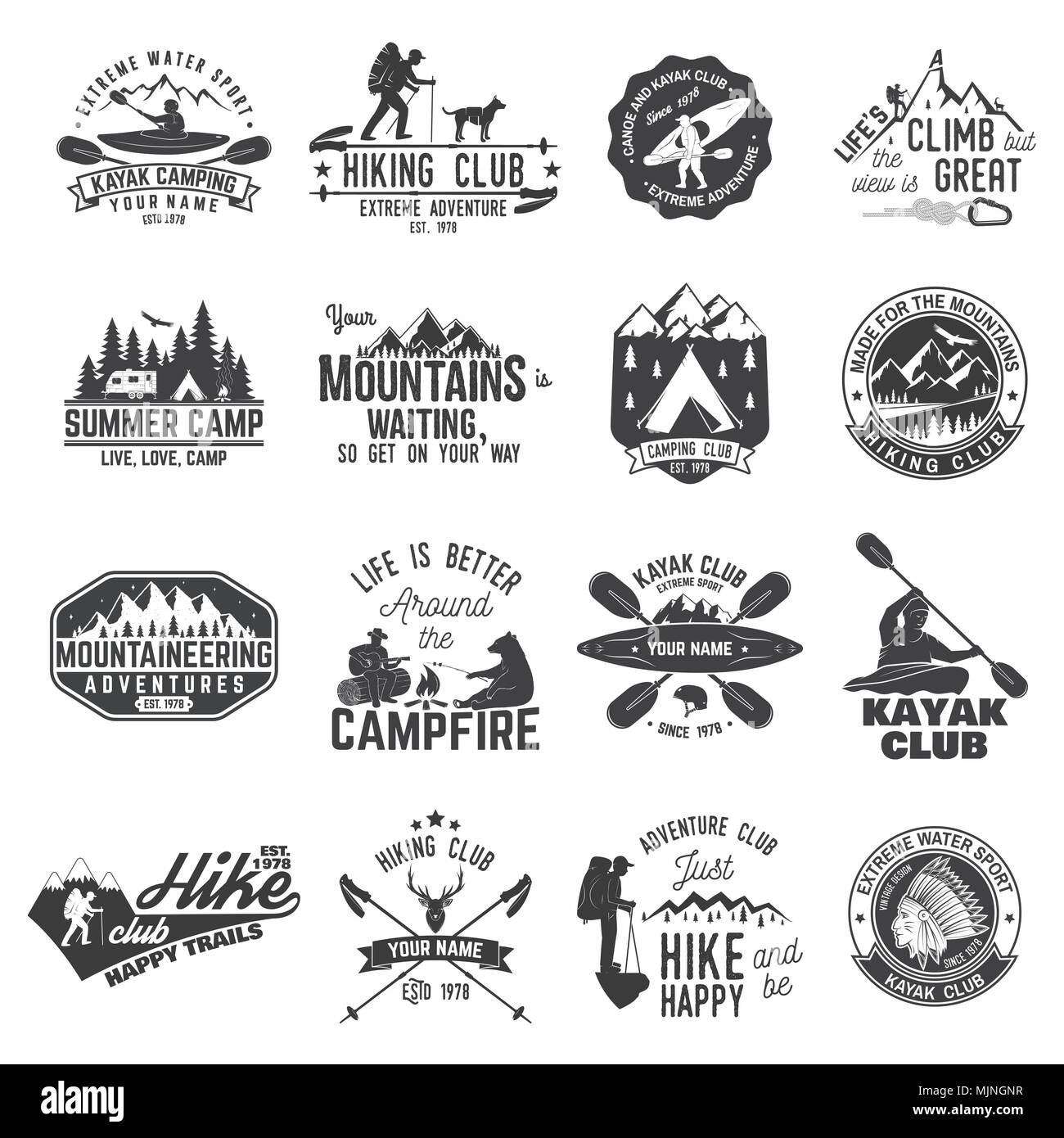 Ensemble de canot, kayak, randonnée et camping club badge. Vector illustration. Concept pour chemise, imprimer, stamp ou tee. Design typographie vintage avec mountain vues Illustration de Vecteur