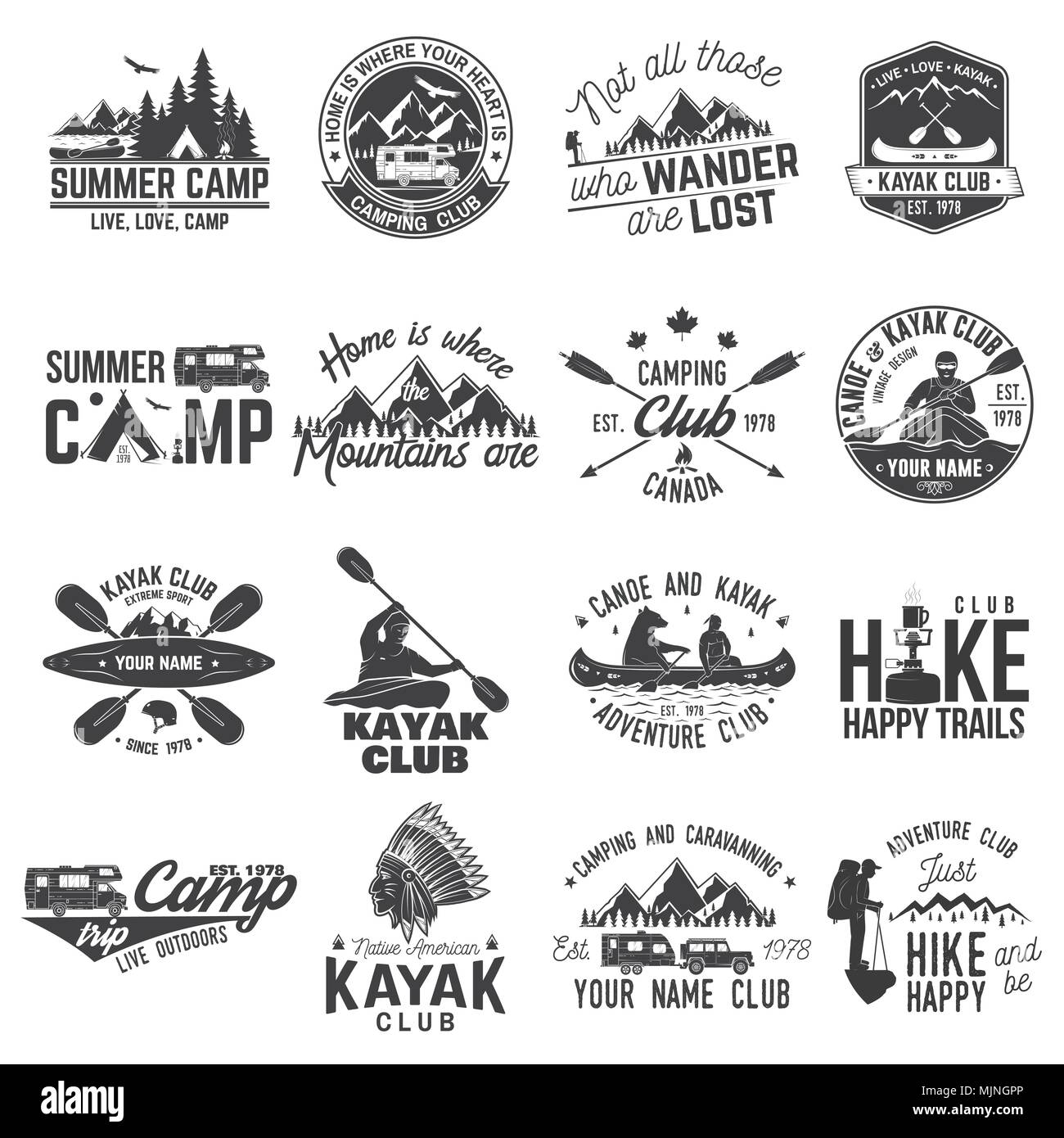 Ensemble de canot, kayak, randonnée et camping club badge. Vector illustration. Concept pour chemise, imprimer, stamp ou tee. Design typographie vintage avec mountain vues Illustration de Vecteur