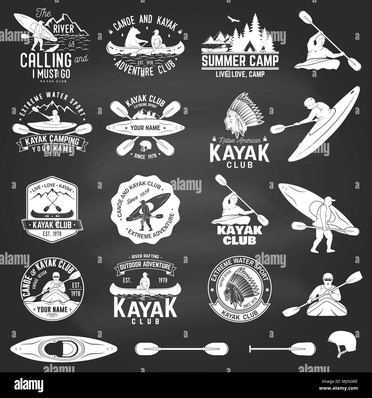 Ensemble de canot et kayak club badges et élément graphique sur le tableau. Vecteur. Concept pour chemise, imprimer, stamp ou tee. Vintage design avec vue sur la montagne, Illustration de Vecteur