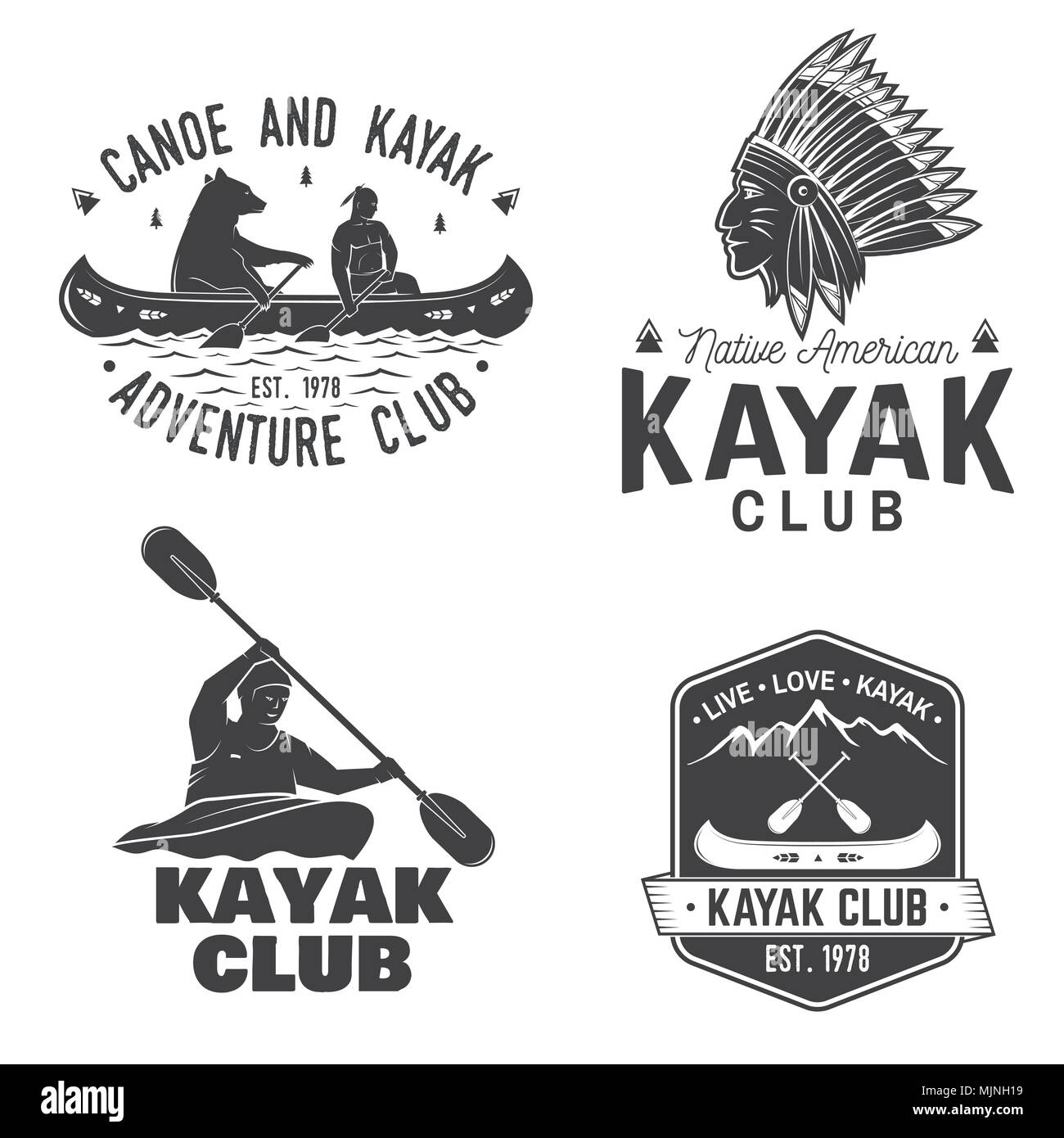 Ensemble de canot et kayak club de badges. Vecteur. Concept pour chemise, imprimer, stamp ou tee. Typographie vintage design avec vue sur la montagne, la rivière, un indien américain Illustration de Vecteur