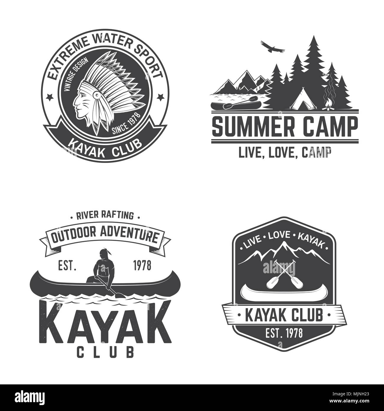 Ensemble de kayak club badges. Vector illustration. Concept pour chemise, imprimer, stamp ou tee. Typographie vintage design avec vue sur la montagne, la rivière et la kayakiste silh Illustration de Vecteur