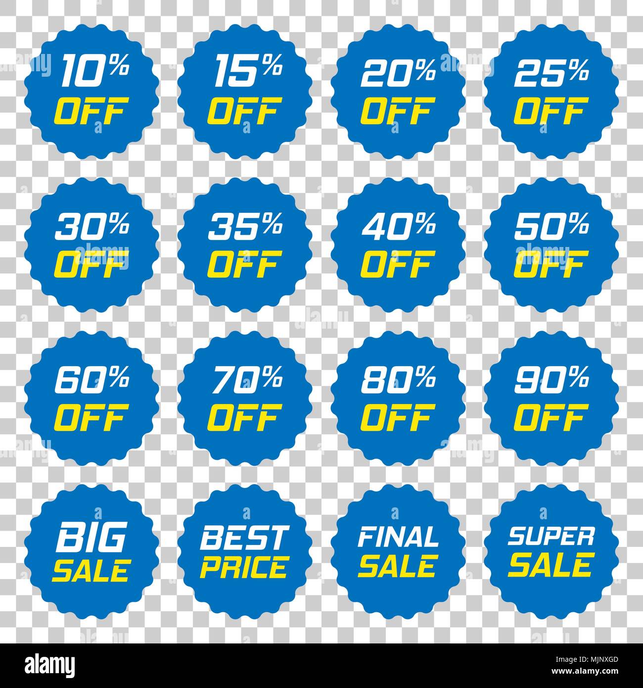 Autocollants d'escompte dans l'icône vecteur télévision style. Vente tag ouvrez une illustration sur un fond transparent. Promotion 10, 15, 20, 25, 30, 35, 40, 50, Illustration de Vecteur