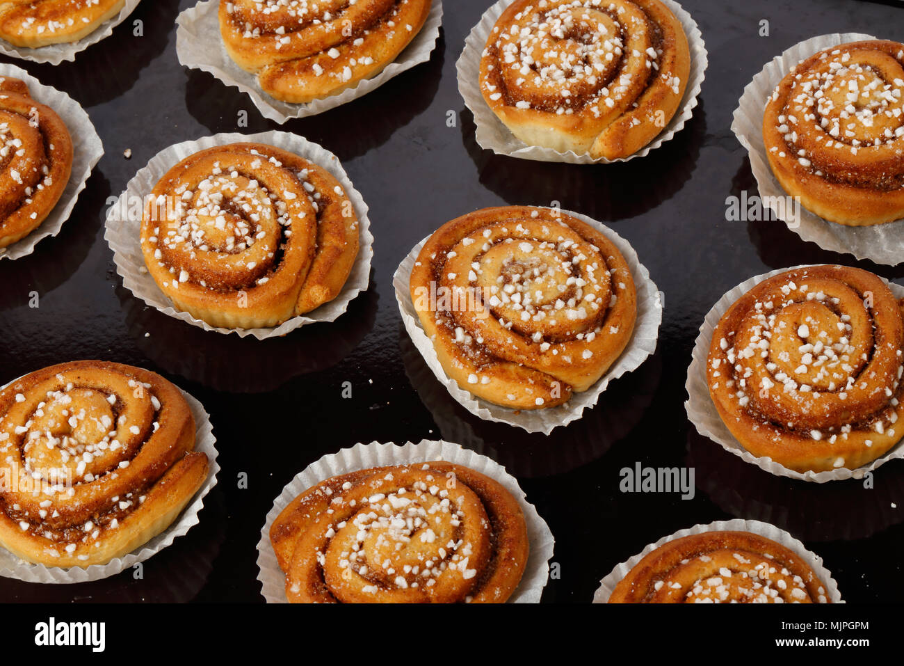 Brioches à la cannelle dans des boîtes de papier sulfurisé sur une plaque de cuisson. Banque D'Images