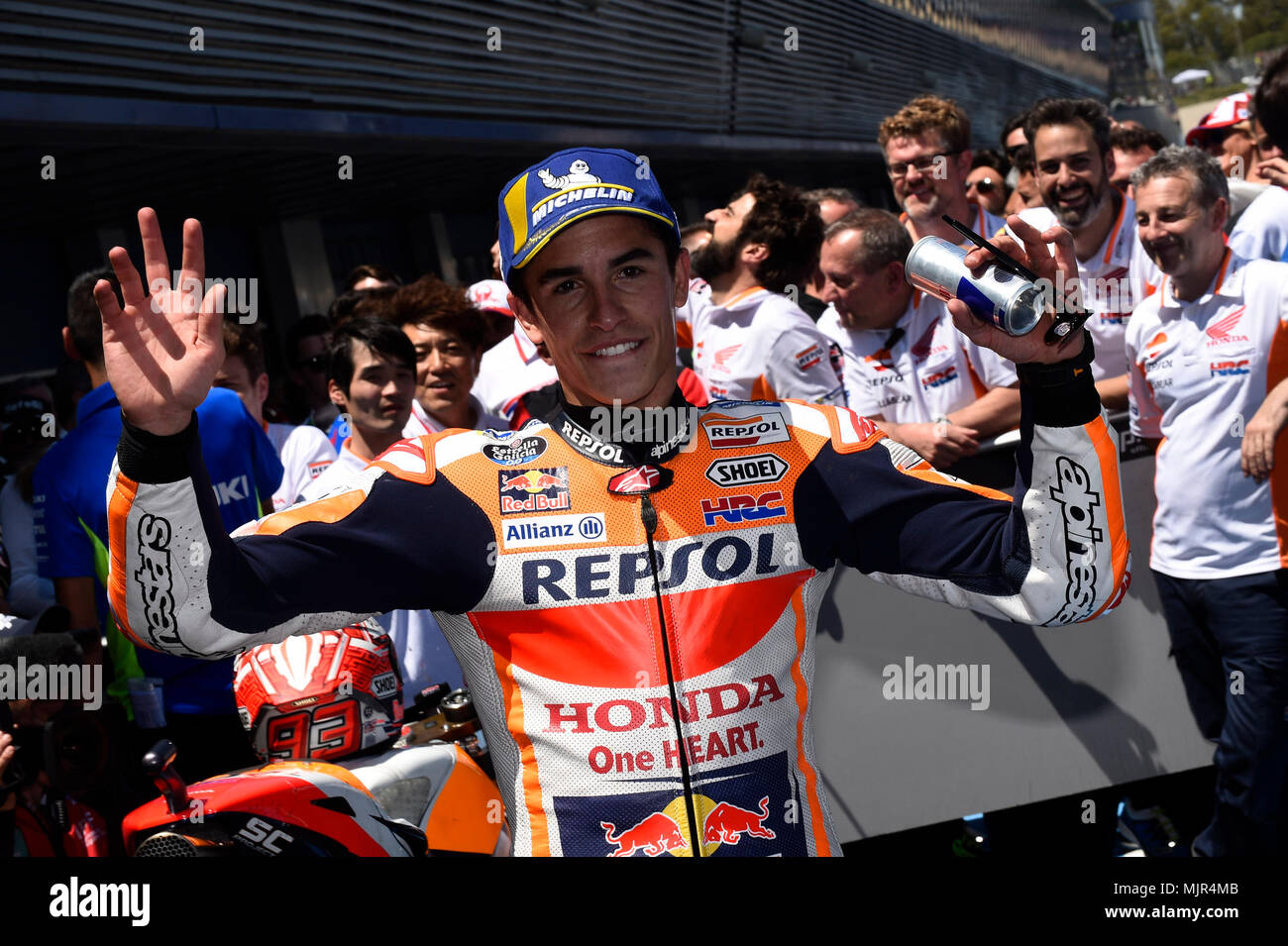 Marc Márquez (93) de l'Espagne et de l'équipe Repsol Honda durant le jour de la course de la Red Bull Grand Prix d'Espagne, le circuit de Jerez - Angel Nieto, Jerez de la Frontera, Espagne. Samedi, 06 mai, 2018. Banque D'Images